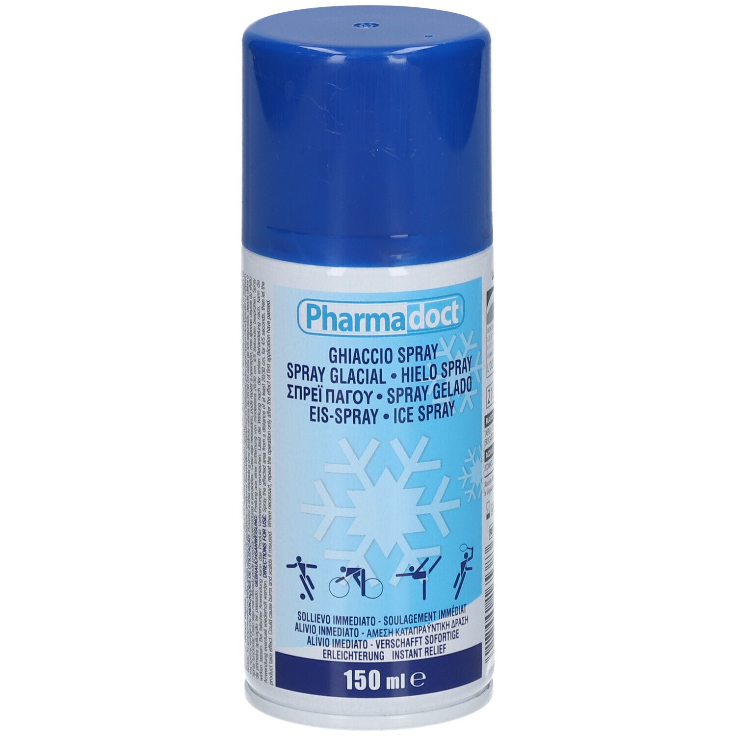 Bombe aérosol bleue et blanche. Inscription: Pharmadoct, Ghiaccio Spray, Eis-Spray. 150 ml.