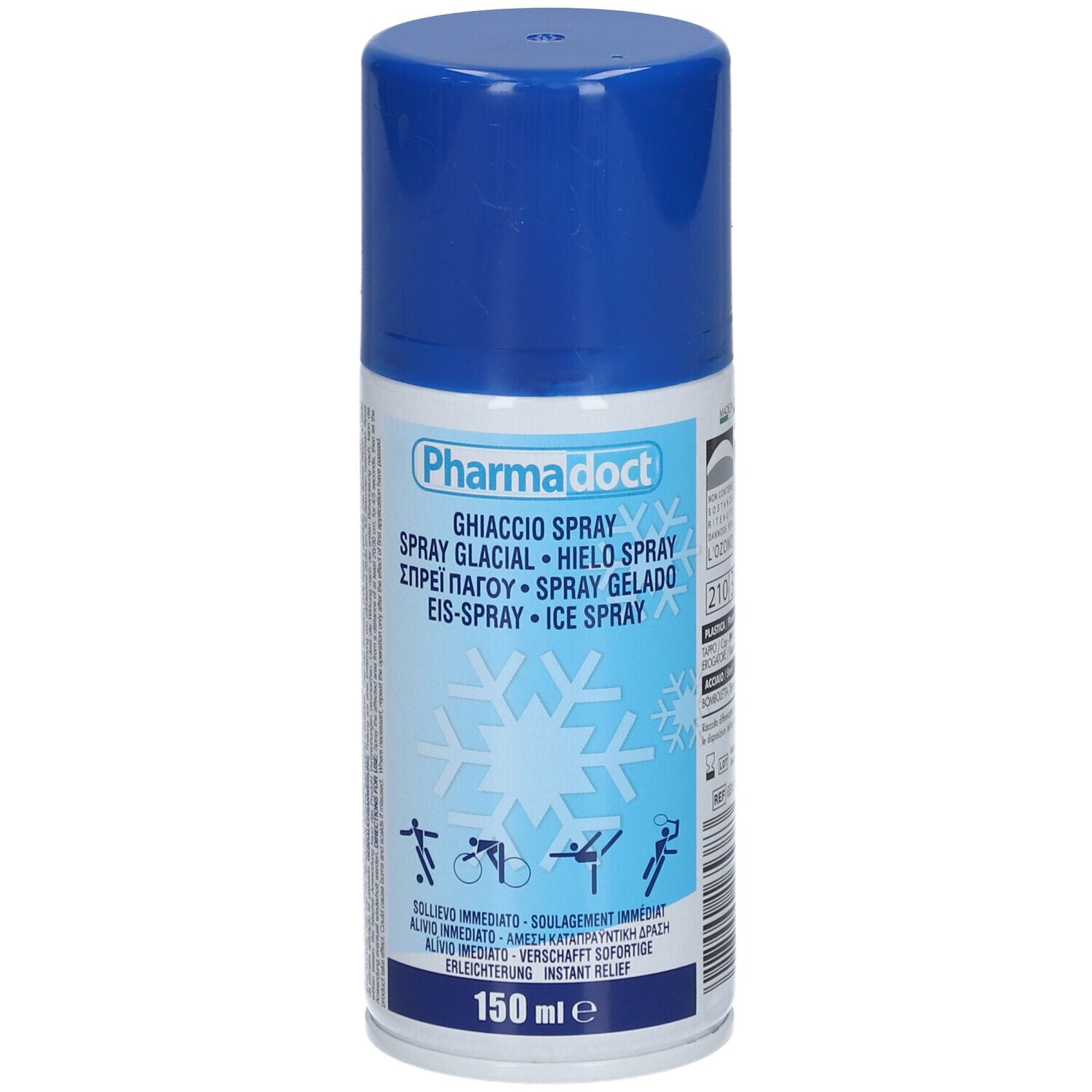 Bombe aérosol bleue et blanche. Inscription: Pharmadoct, Ghiaccio Spray, Eis-Spray. 150 ml.