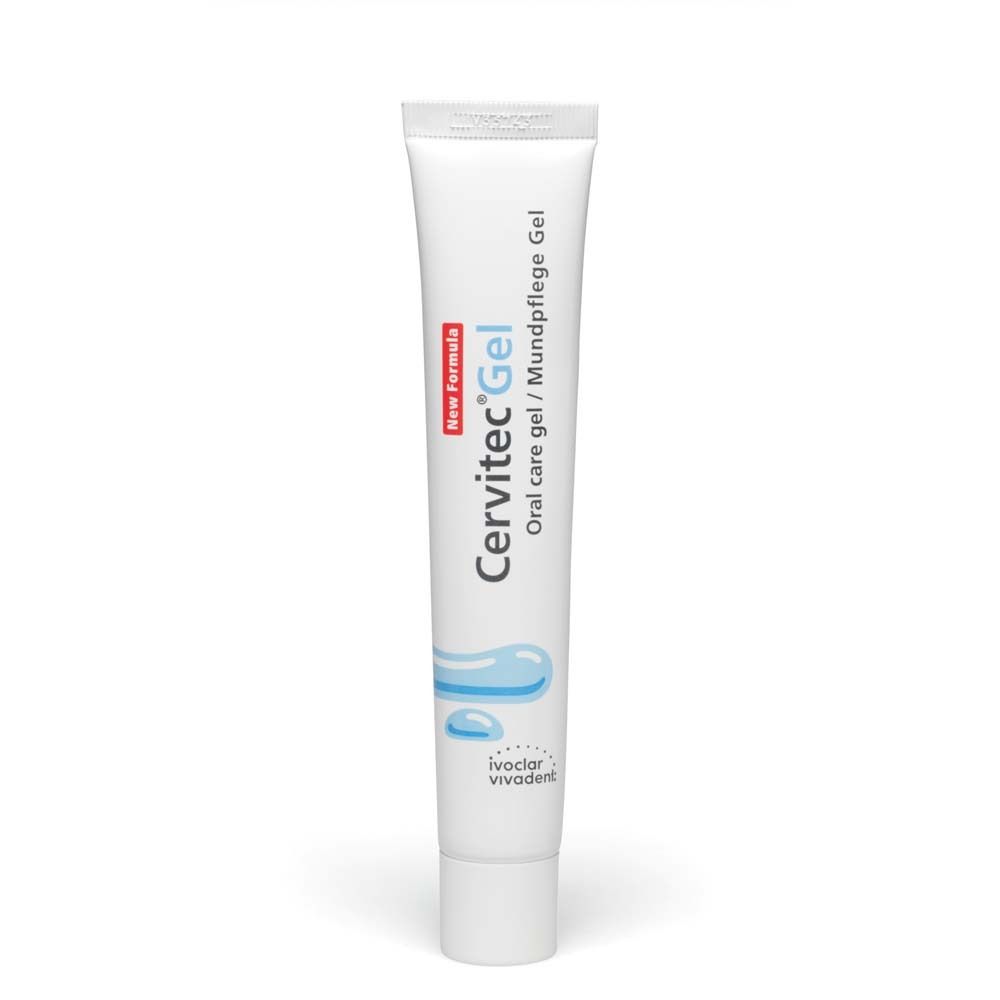 Tube de gel dentaire blanche. Design gouttes bleues. Inscription: Cervitec® Gel, Oral care gel / Mundpflege Gel. Marque: Ivoclar Vivadent.