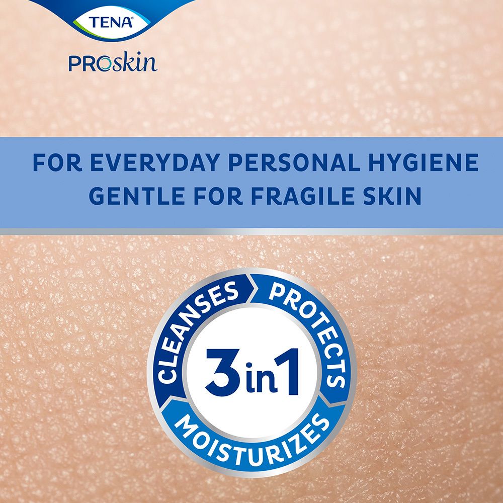 Gros plan sur la peau avec texte: 'Pour l'hygiène personnelle quotidienne, doux pour la peau fragile'. Logo 3en1: Nettoie, protège, hydrate.