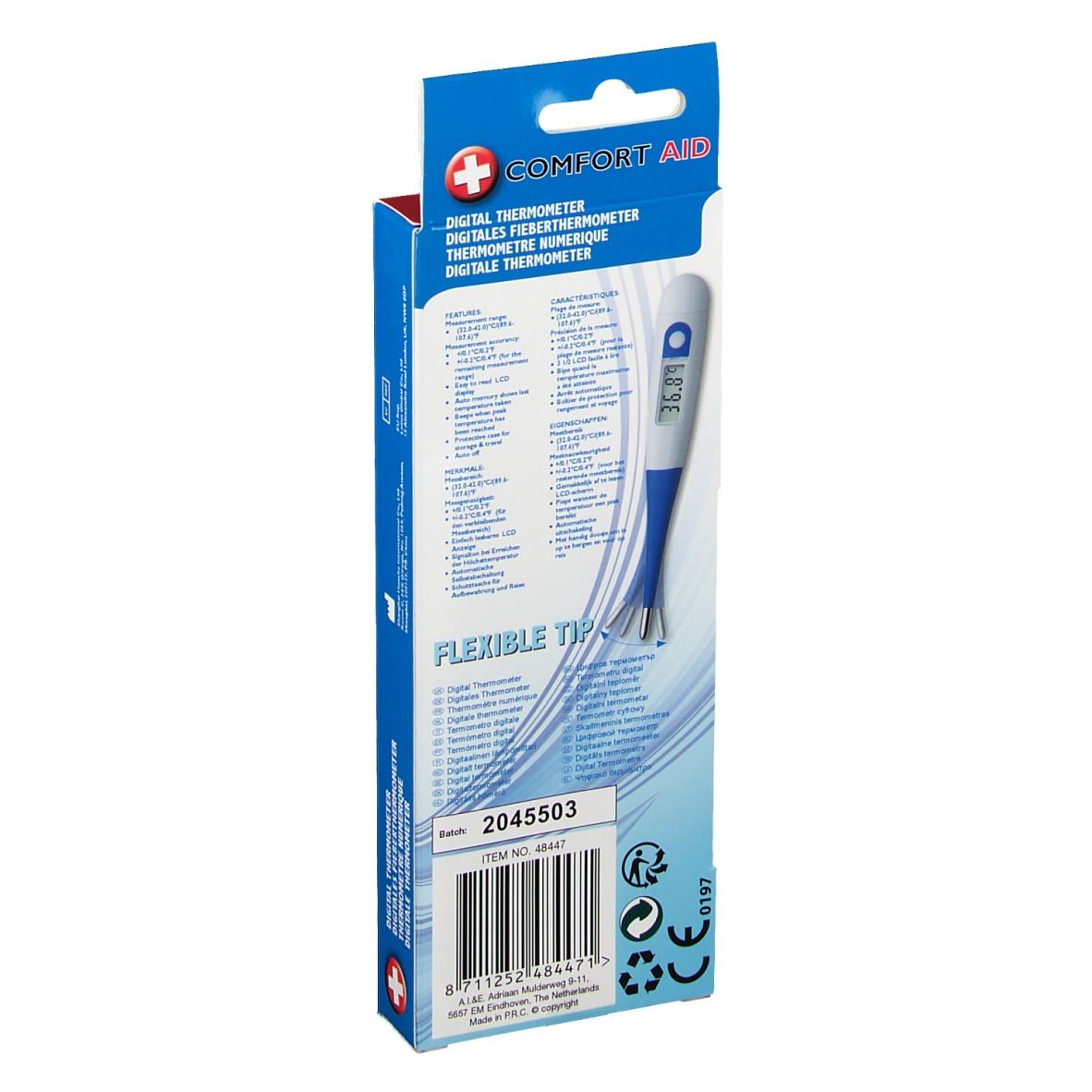 Emballage de thermomètre numérique. Marque: Comfort Aid. Embout flexible. Code-barres et informations au dos.
