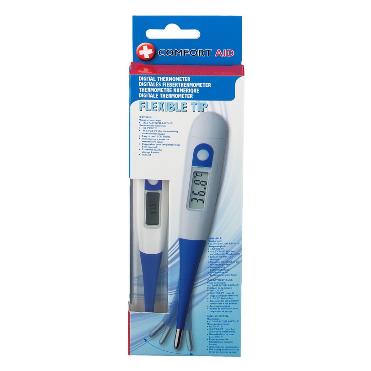 Thermomètre numérique en emballage. Marque: Comfort Aid. Embout flexible. Affichage: 36,89°C. Image du produit sur l'emballage.