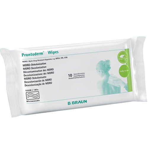 Paquet de Prontoderm® Wipes. Blanc, rectangulaire. Inscriptions : nom du produit, informations, pictogrammes, 10 lingettes. Marque B. Braun.