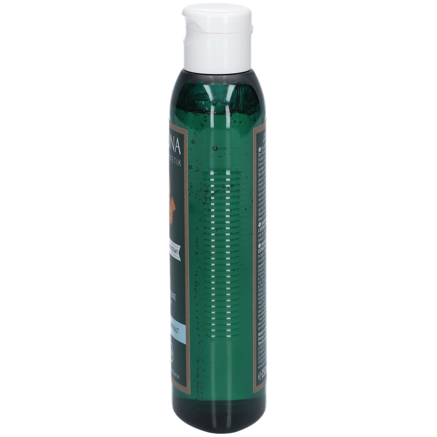 Flacon de shampooing vert, vue latérale. Bouchon blanc, étiquette avec texte. Label vegan.