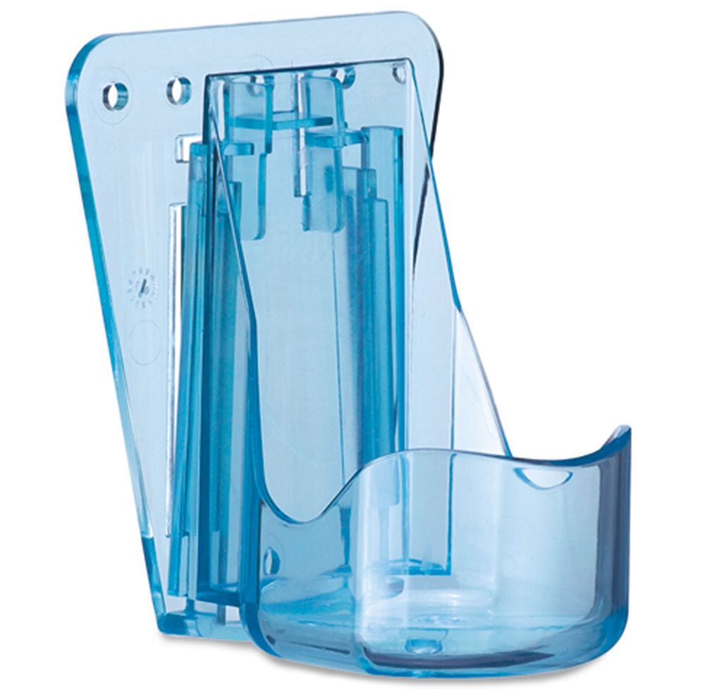 Support mural bleu transparent pour bouteilles. En plastique. Comprend un support mural et un logement pour une bouteille.