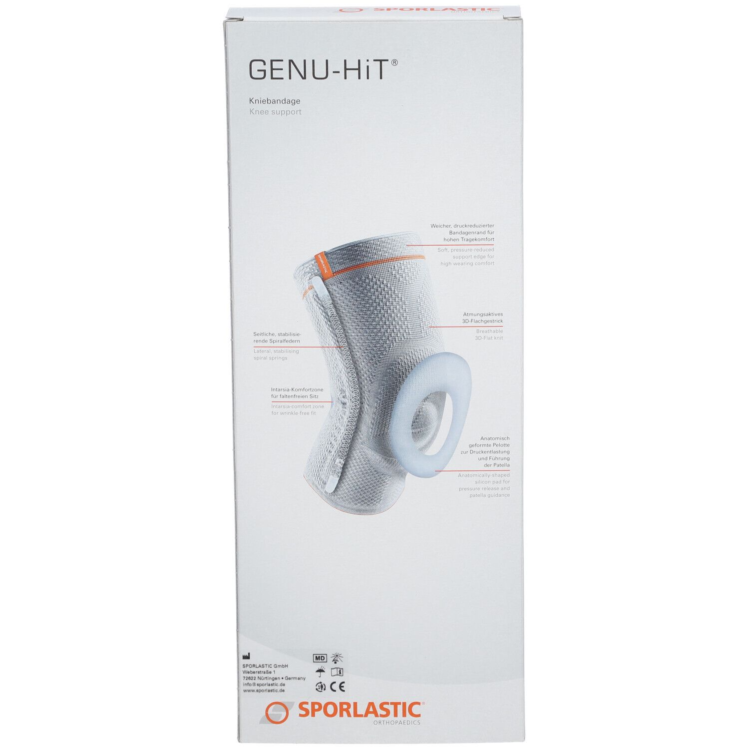 Emballage de la genouillère GENU-HIT®. Image du produit avec détails. Texte: Kniebandage, Knie Support.