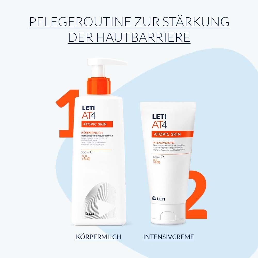 Deux produits: Lait corporel et Crème intensive. Tous deux avec LETI AT4 et accents orange.