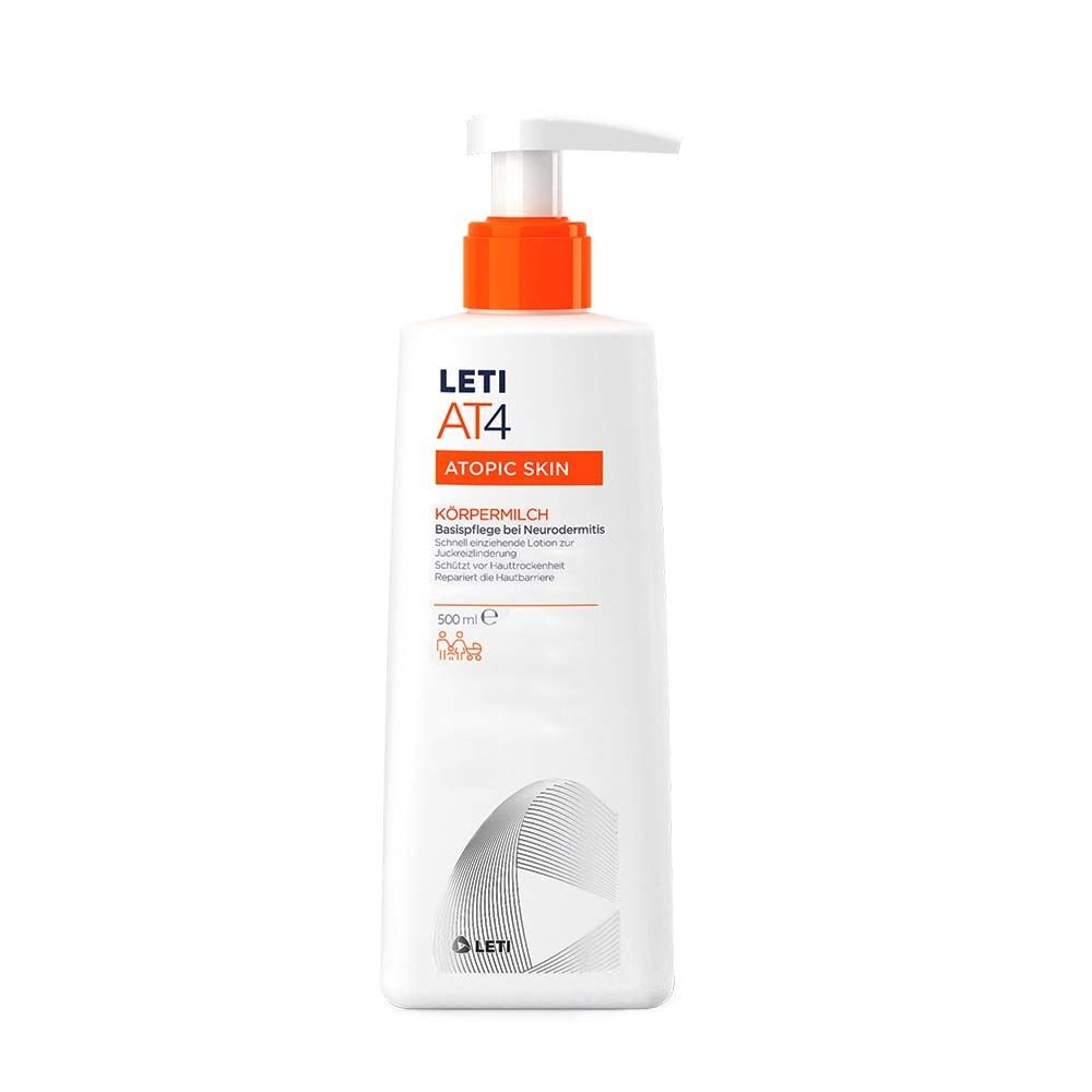 Flacon blanc avec pompe orange. Inscription : LETI AT4 ATOPIC SKIN Körpermilch.