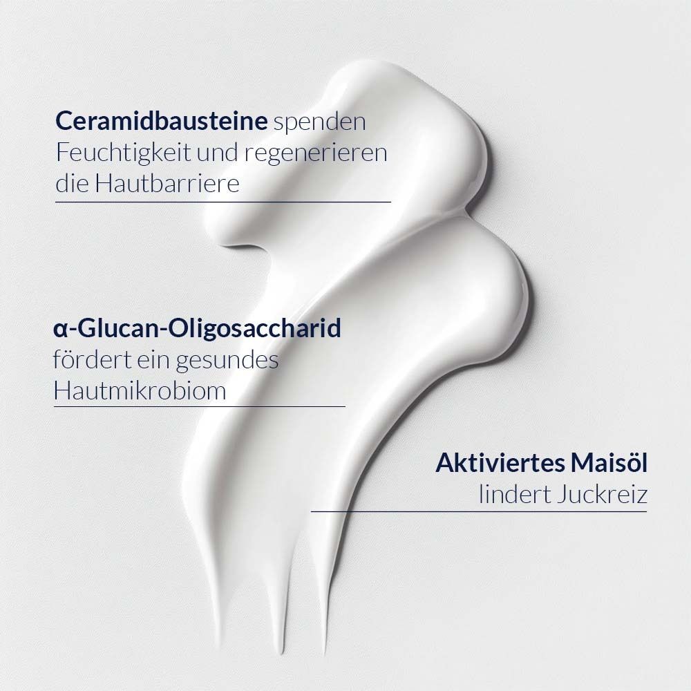 Filet de crème blanche avec texte : Céramides hydratent, α-Glucan favorise le microbiome, Huile de maïs apaise les démangeaisons.