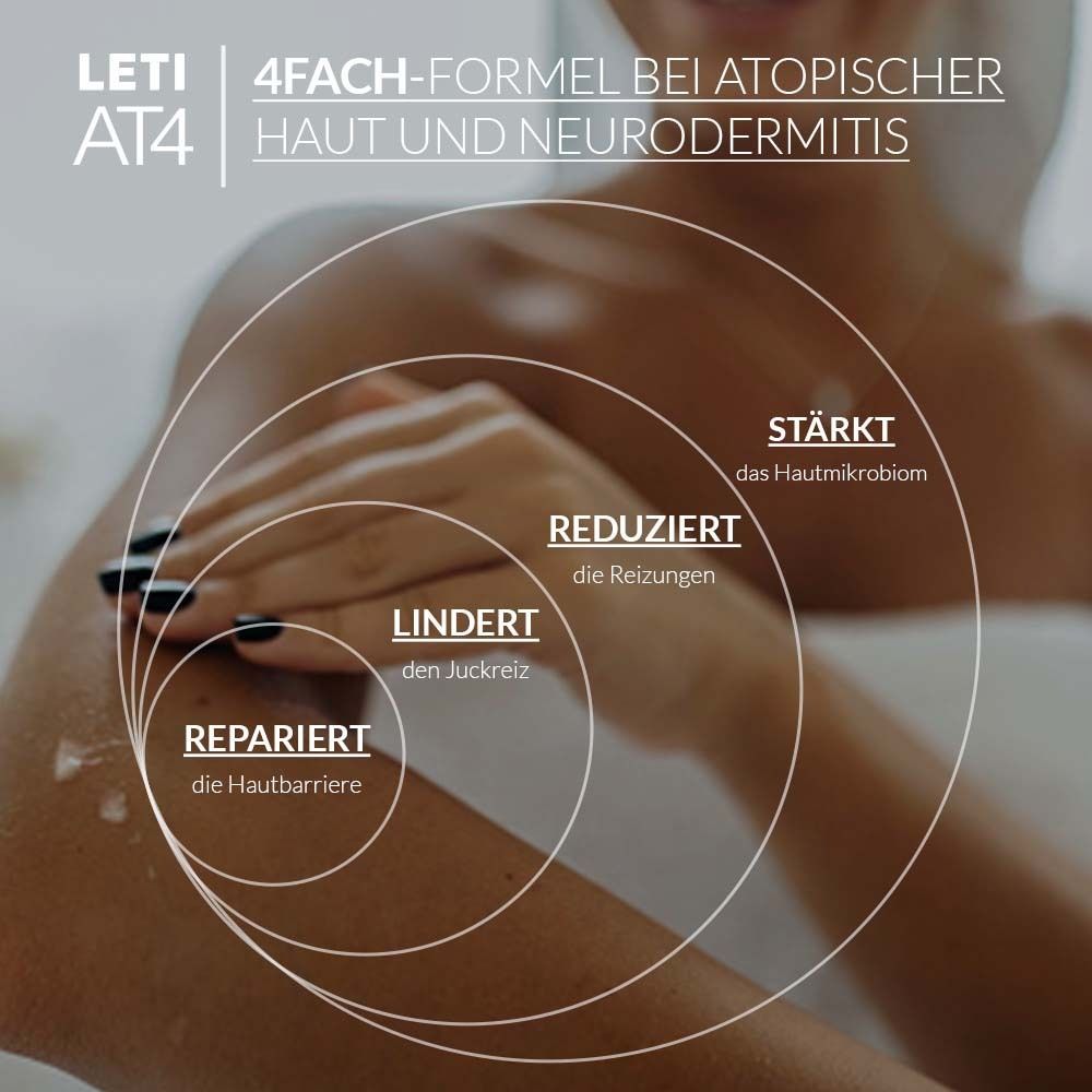 Personne applique de la crème. Texte : Formule quadruple pour peau atopique et dermatite atopique. Répare, apaise, réduit, renforce.