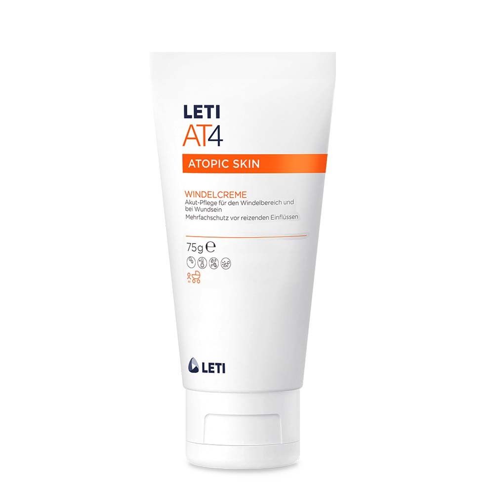 Tube blanche LETI AT4. Bande orange avec ATOPIC SKIN. Nom du produit: WINDELCREME. 75g.