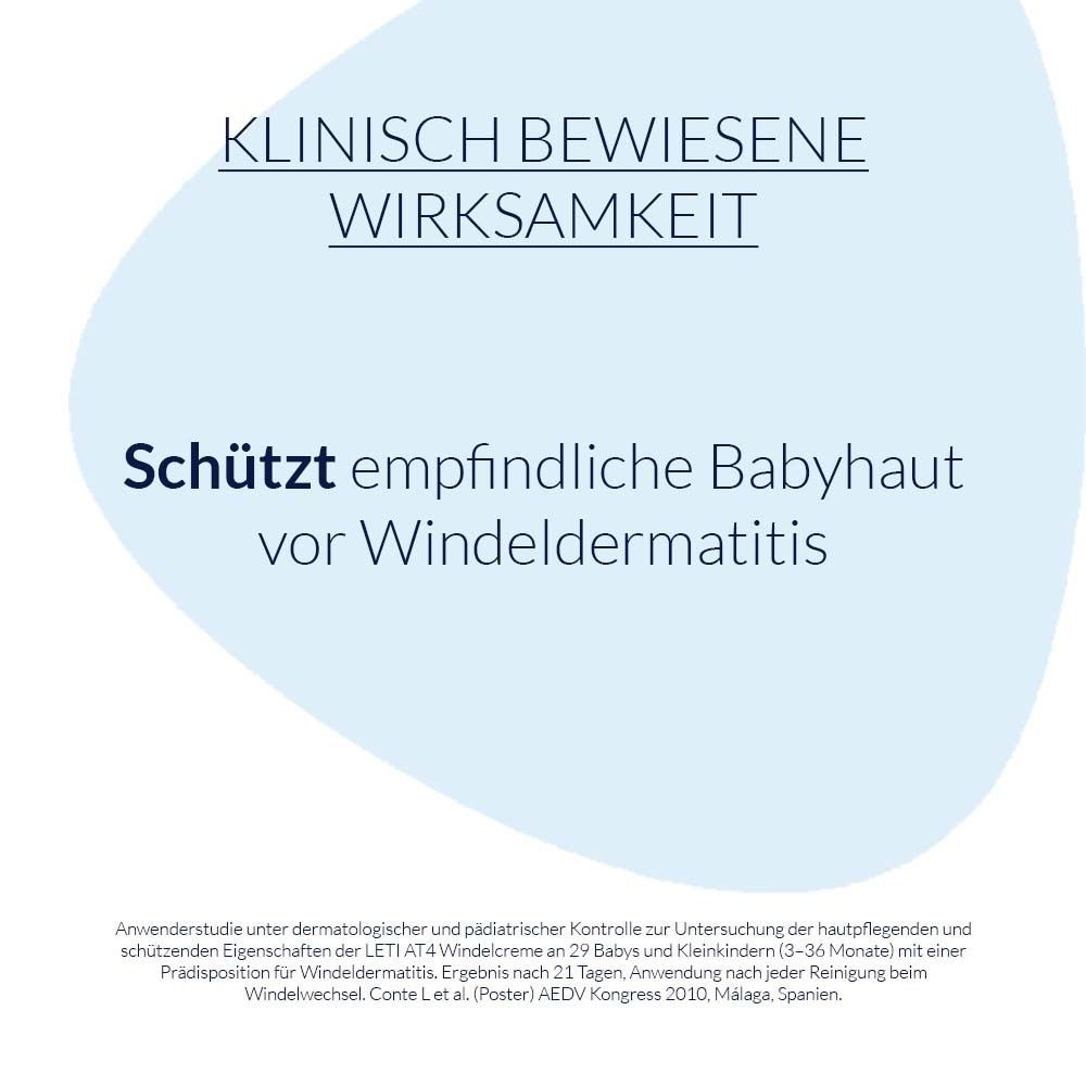 Texte sur fond bleu: Efficacité cliniquement prouvée. Protège la peau sensible des bébés contre la dermatite des couches.