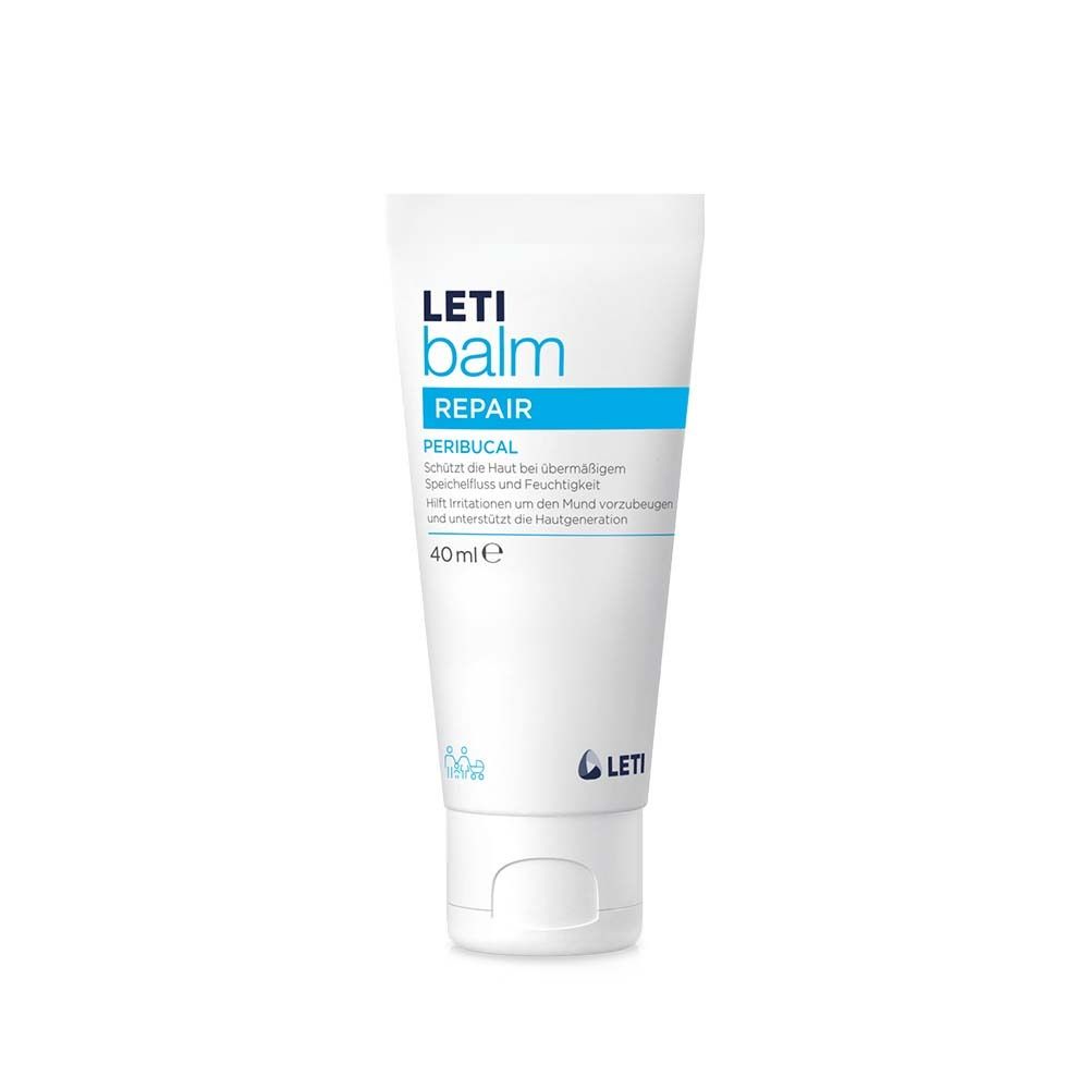 Tube blanc LETI balm REPAIR PERIBUCAL. 40ml. Inscription bleue. Protège la peau contre la salive et l'humidité excessives.