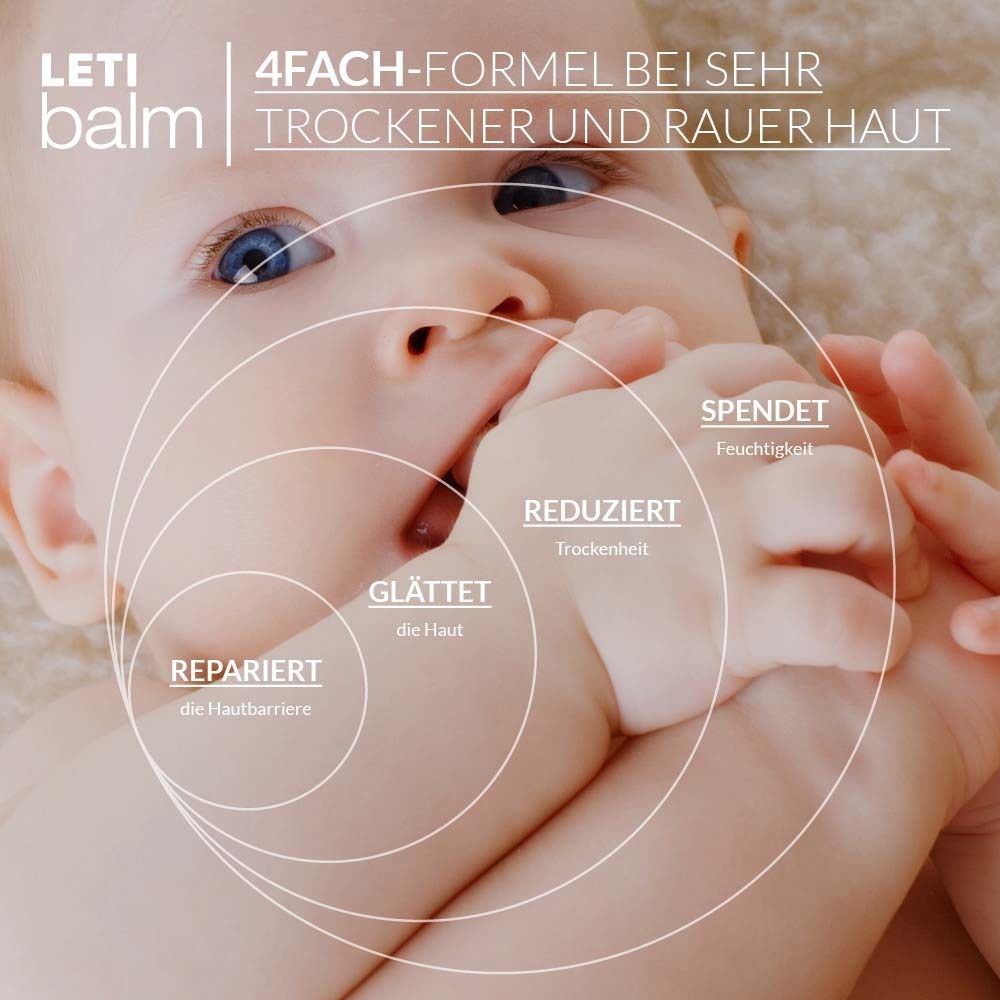 Bébé avec la main dans la bouche. Cercles avec texte : Répare, Lisse, Hydrate, Réduit. Texte : FORMULE 4X POUR PEAU TRÈS SÈCHE ET RUGUEUSE.