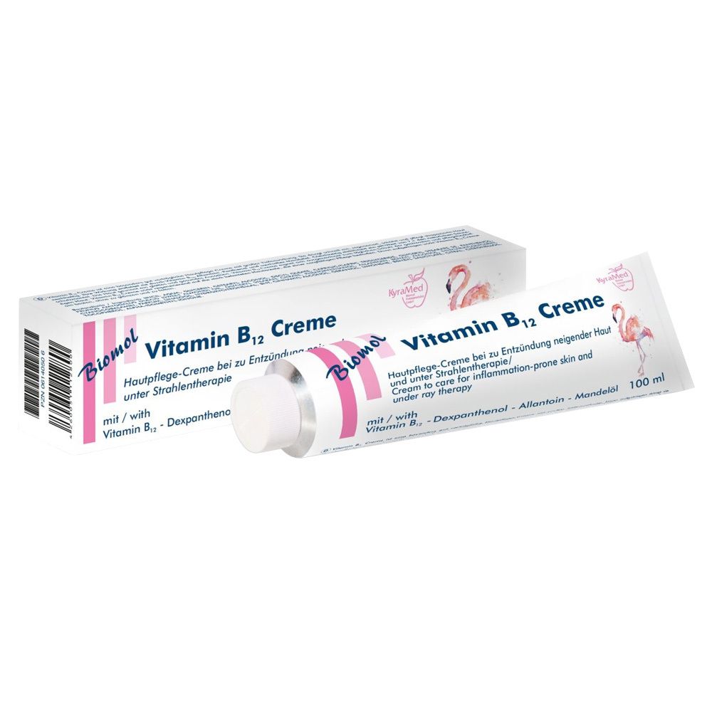 Tube et boîte de crème. Inscription : Crème à la vitamine B12. Logo flamant rose. 100 ml.