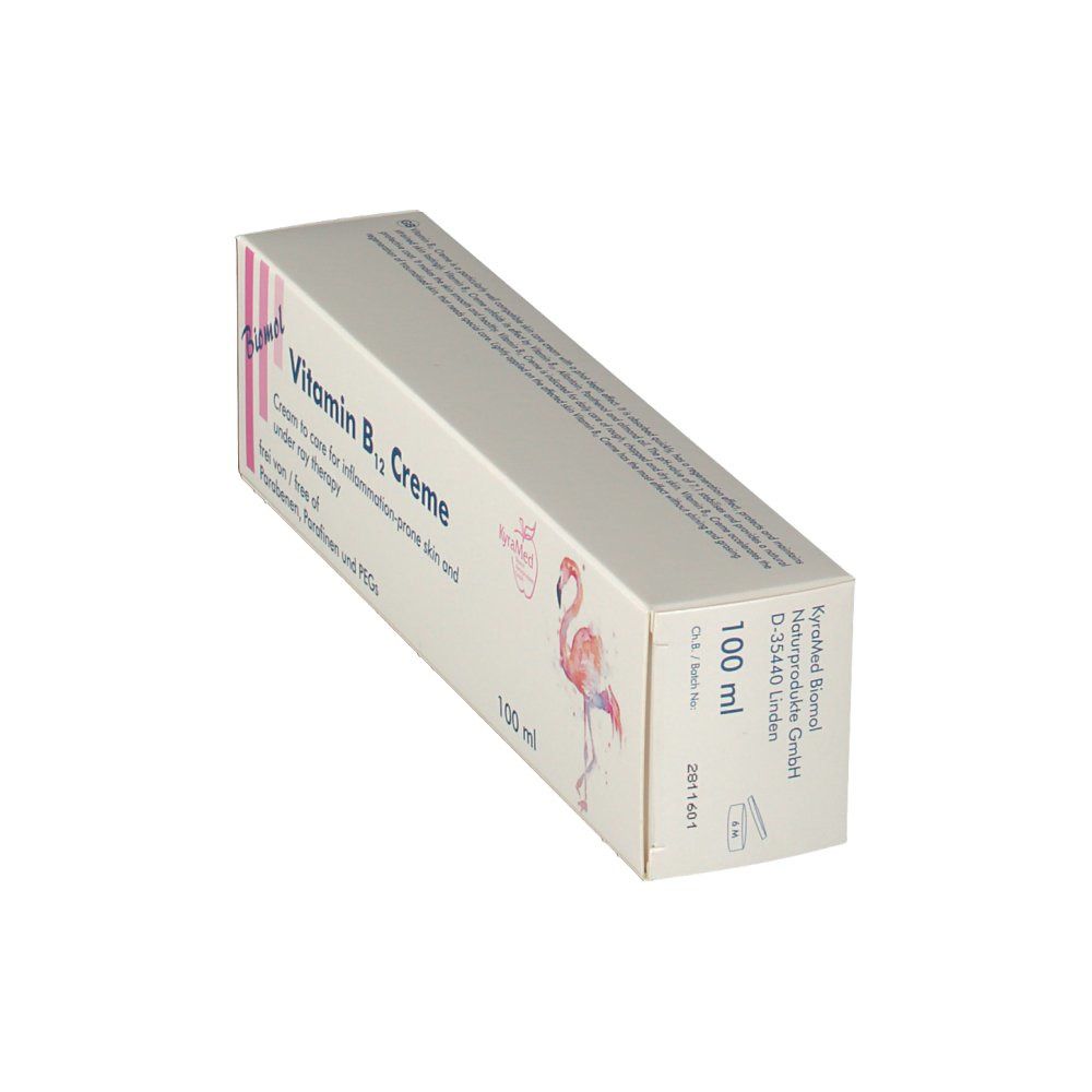 Boîte de crème à la vitamine B12. Logo flamant rose. 100 ml. Texte : Crème de soin.