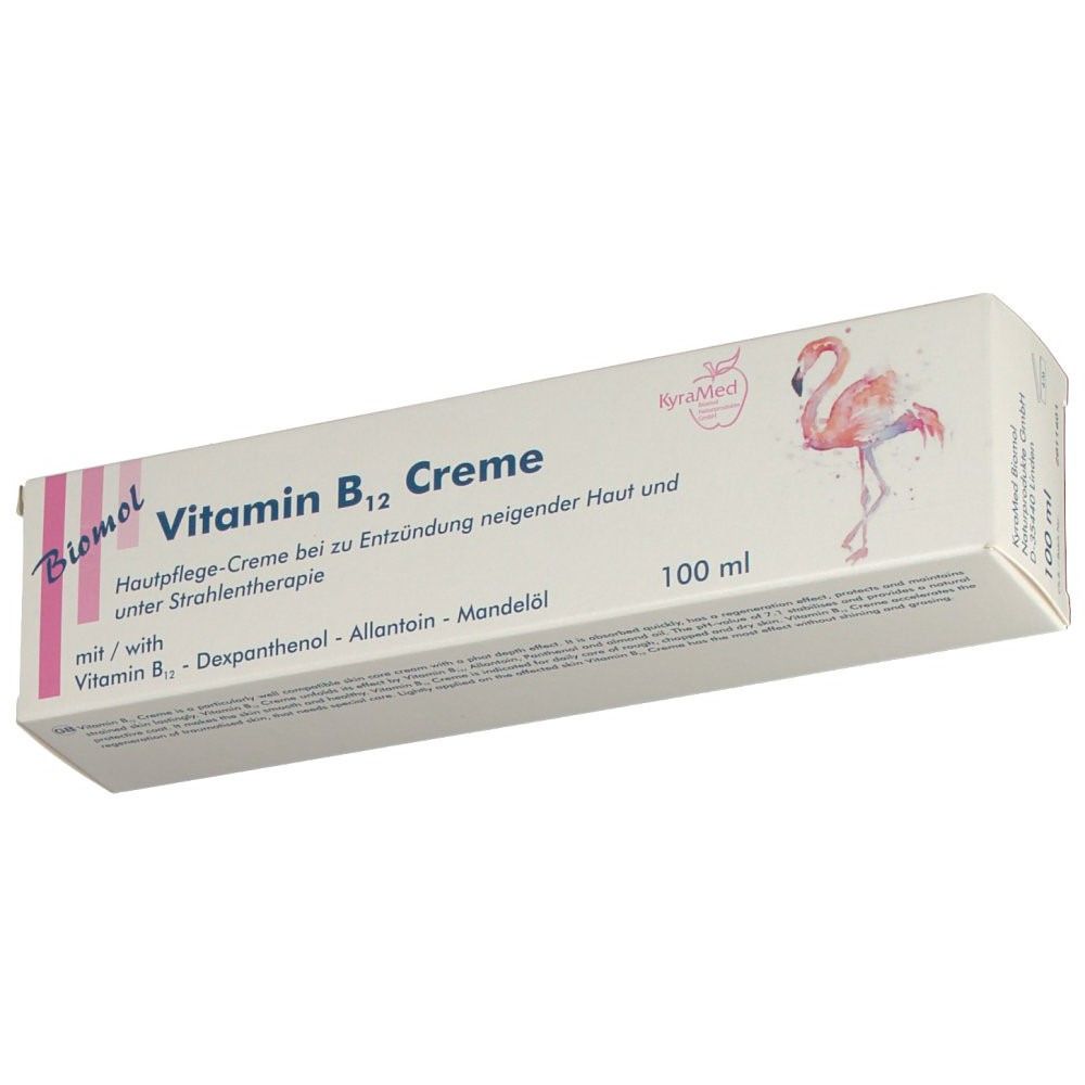 Boîte de crème à la vitamine B12. Logo flamant rose. 100 ml. Texte : Crème de soin.
