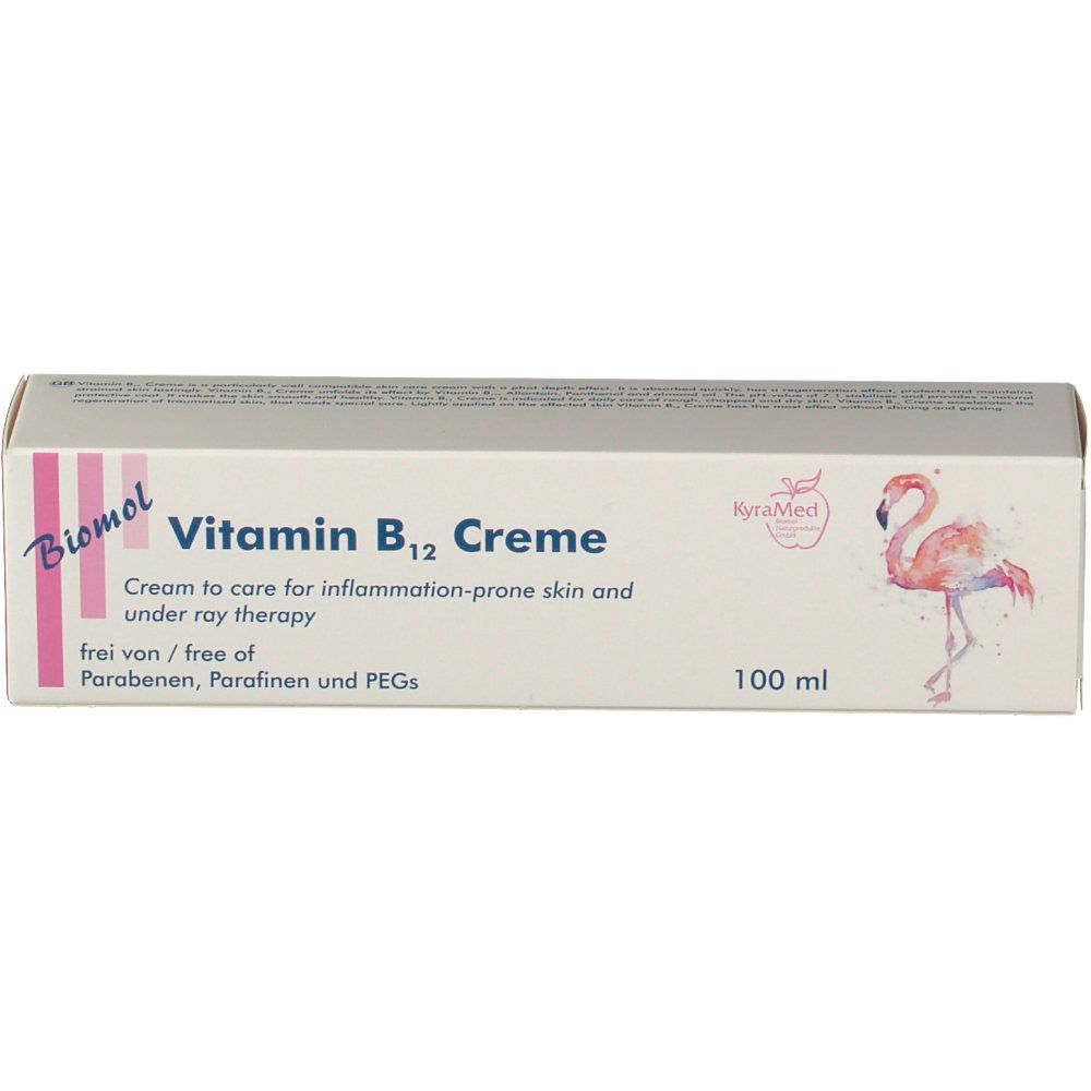 Boîte de crème à la vitamine B12. Logo flamant rose. 100 ml. Texte : Crème de soin.