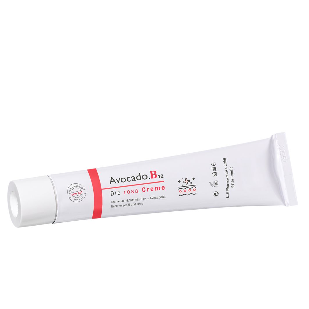 Tube blanc avec texte rouge. Inscription: Avocado.B12 Die rosa Creme. Contient de la vitamine B12 et de l'huile d'avocat. 50 ml.