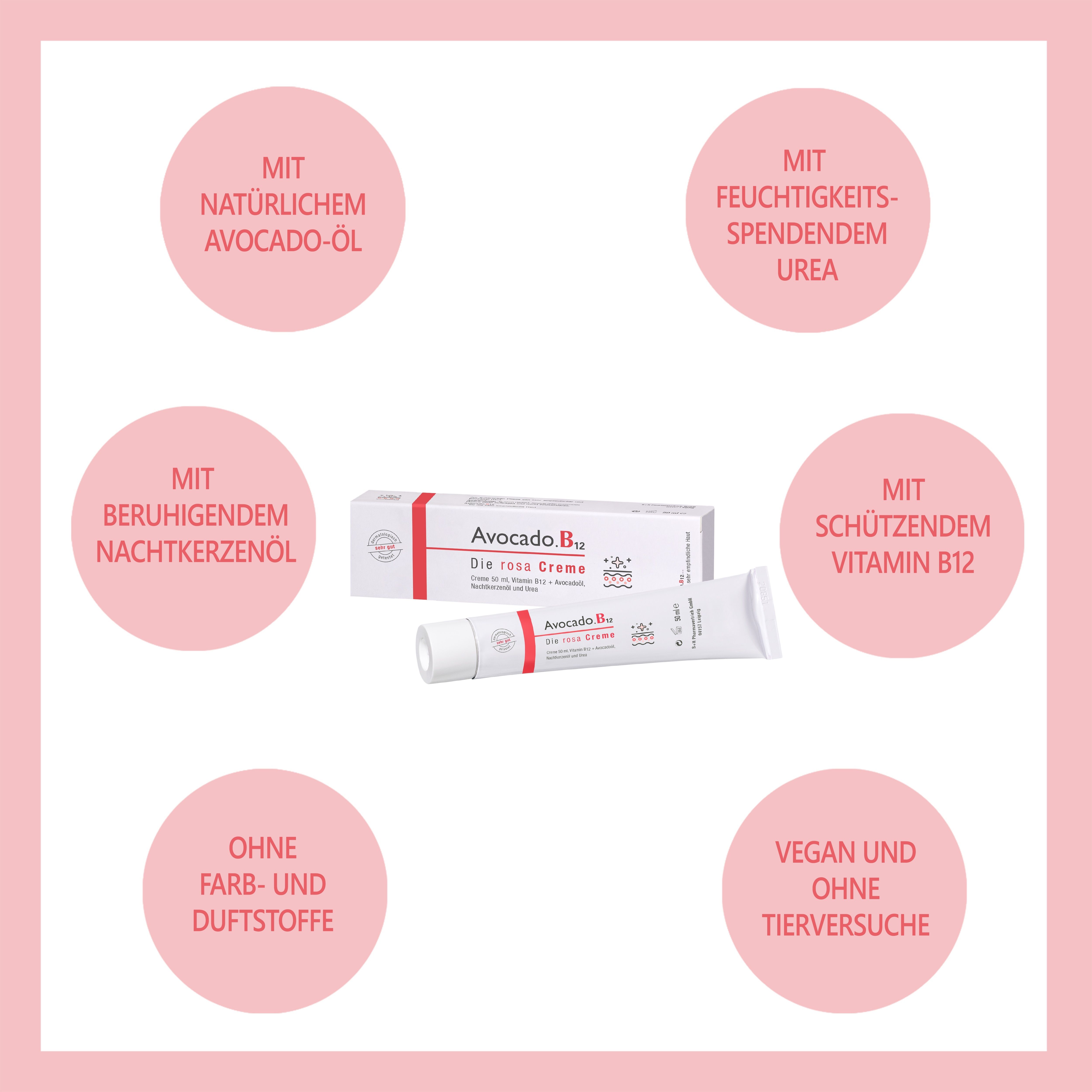 Image du produit: Avocado.B12 Die rosa Creme. Ingrédients: Huile d'avocat, urée, huile d'onagre, vitamine B12. Sans colorants ni parfums. Végétalien.