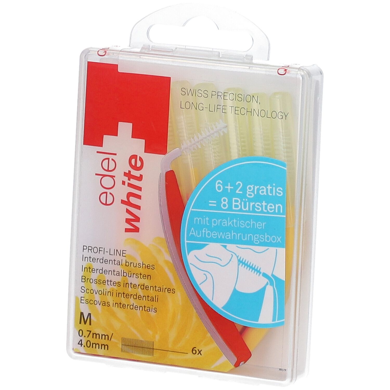 Paquet de brossettes interdentaires. 6+2 brosses. M 0,7mm/4,0mm. Boîte de rangement. Swiss Precision.