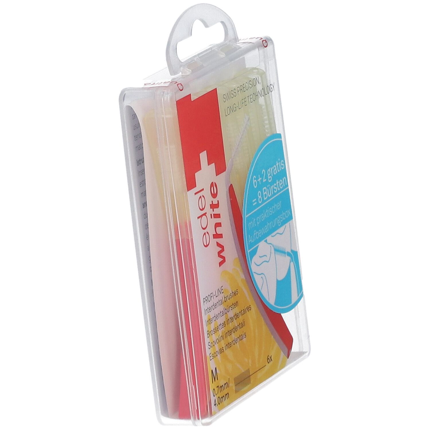 Paquet de brossettes interdentaires. 6+2 brosses. M 0,7mm/4,0mm. Boîte de rangement. Swiss Precision.