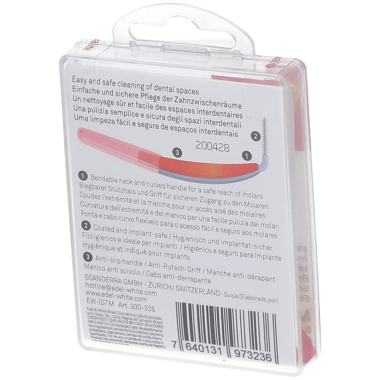 Dos du paquet avec informations produit. Description des brossettes interdentaires. Adresse du fabricant.