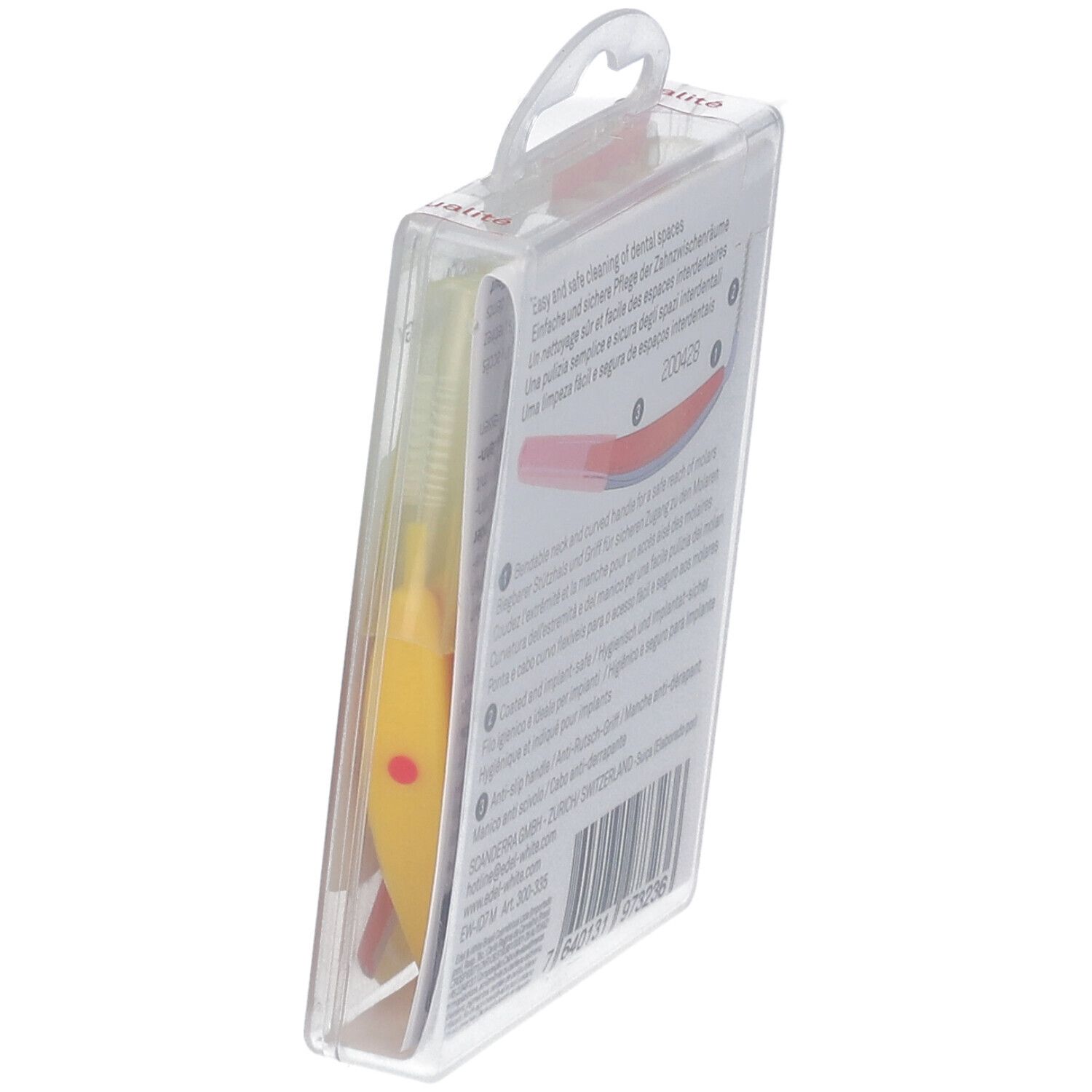 Paquet de brossettes interdentaires. Brosses jaunes. Manches rouges. Boîte de rangement. Swiss Precision.
