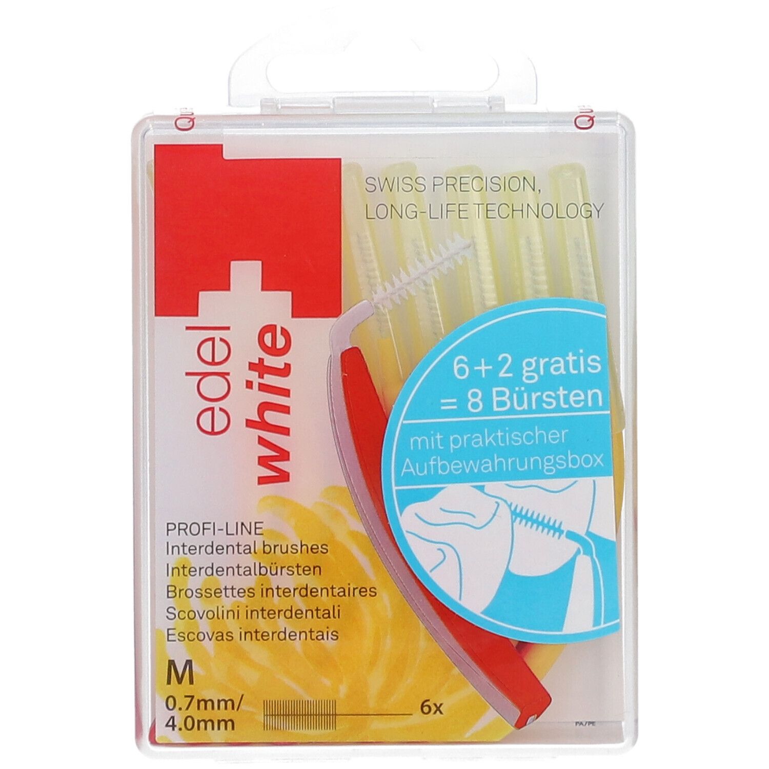 Paquet de brossettes interdentaires. 6+2 brosses. M 0,7mm/4,0mm. Boîte de rangement. Swiss Precision.