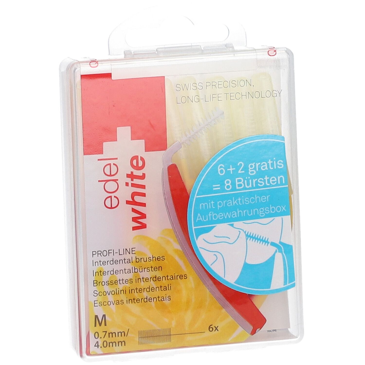 Paquet de brossettes interdentaires. 6+2 brosses. M 0,7mm/4,0mm. Boîte de rangement. Swiss Precision.