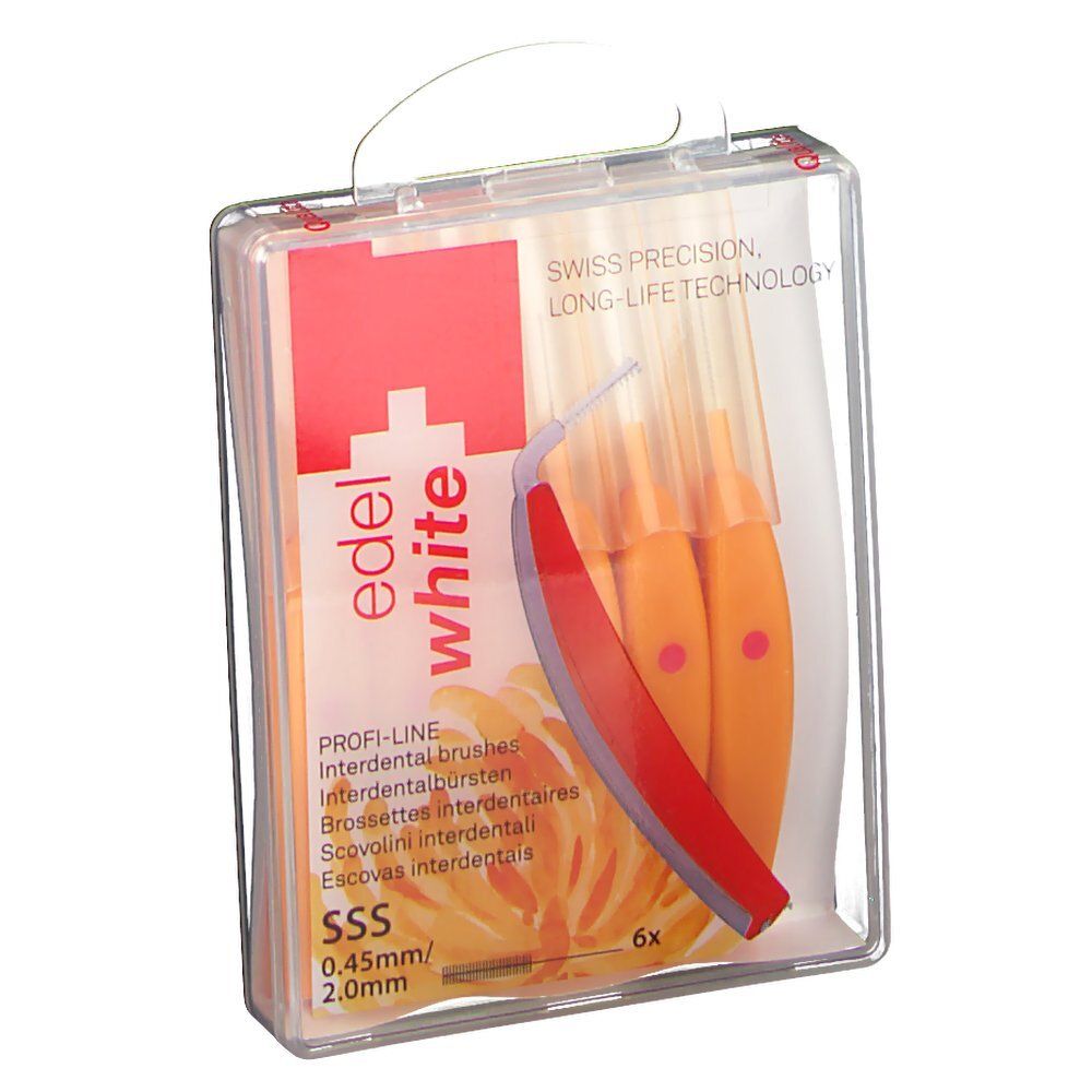 Emballage de six brosses interdentaires. Emballage en plastique transparent avec informations sur le produit et nom de la marque.