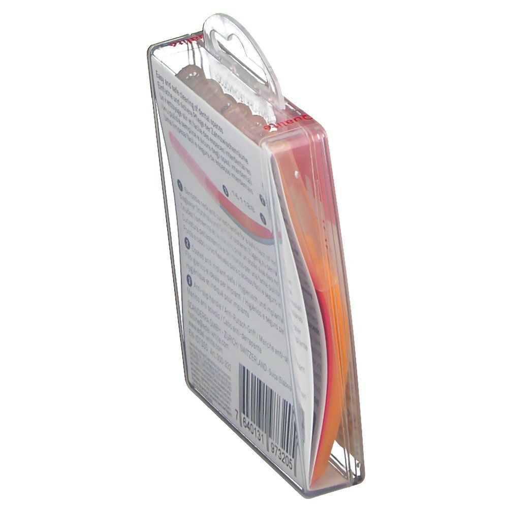 Emballage de brosses interdentaires, vue latérale. Emballage en plastique transparent avec informations sur le produit et nom de la marque.