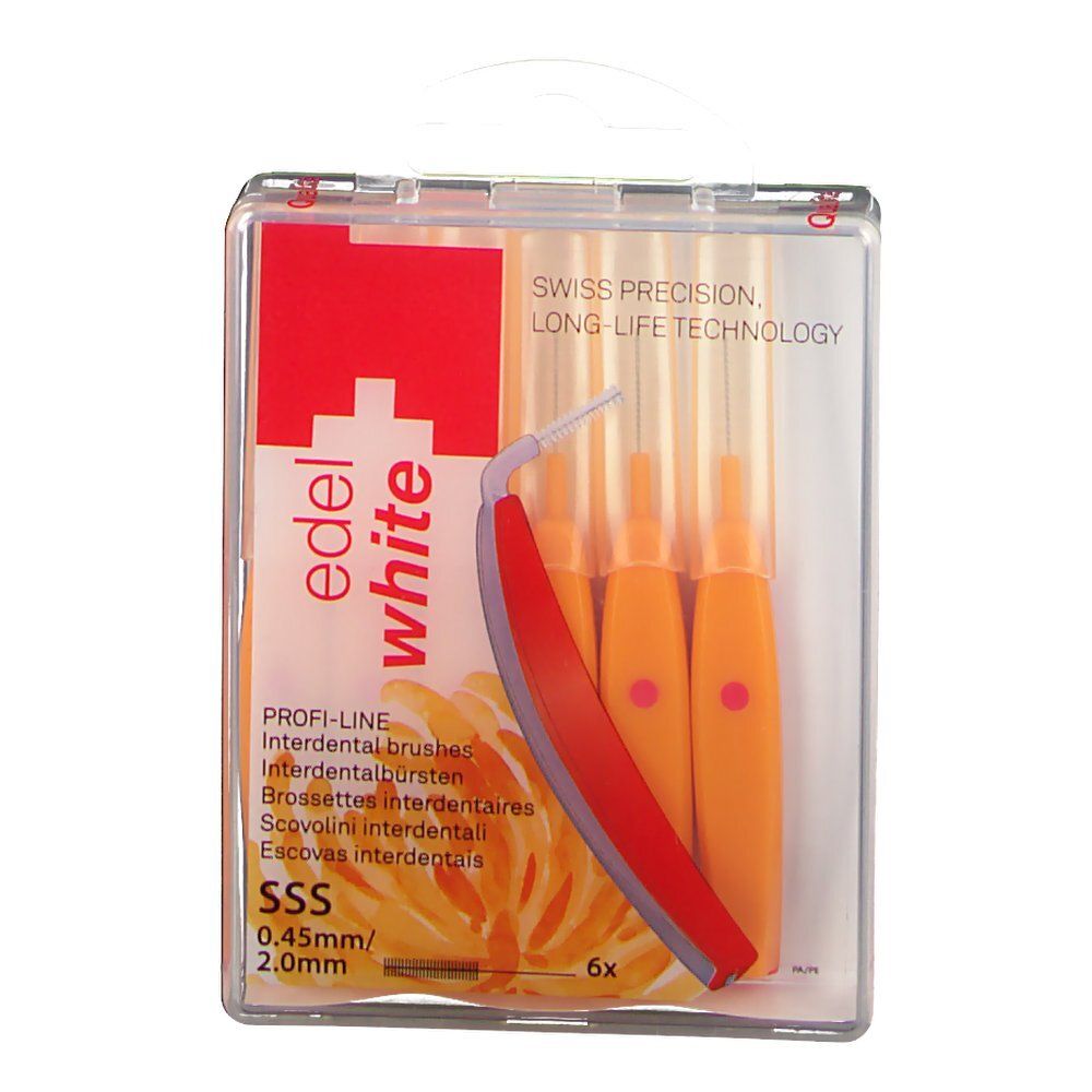 Emballage de six brosses interdentaires. Emballage en plastique transparent avec informations sur le produit et nom de la marque.