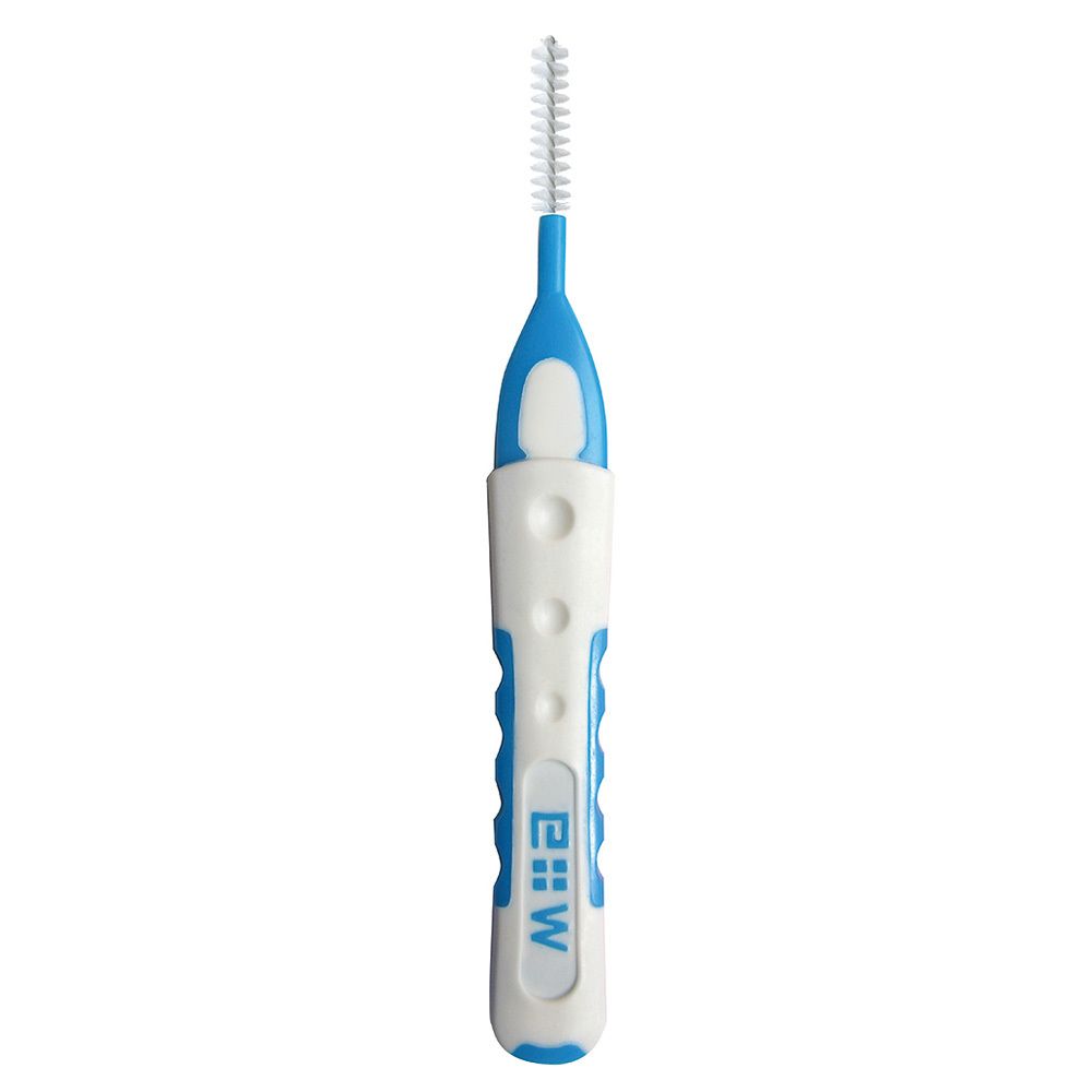 Brosse interdentaire bleue et blanche. Manche avec logo E:W.