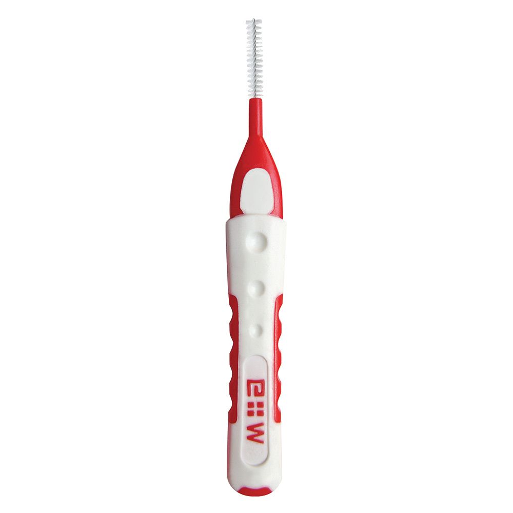 Brosse interdentaire rouge et blanche. Manche blanc avec marquage rouge. Tête rouge avec poils.