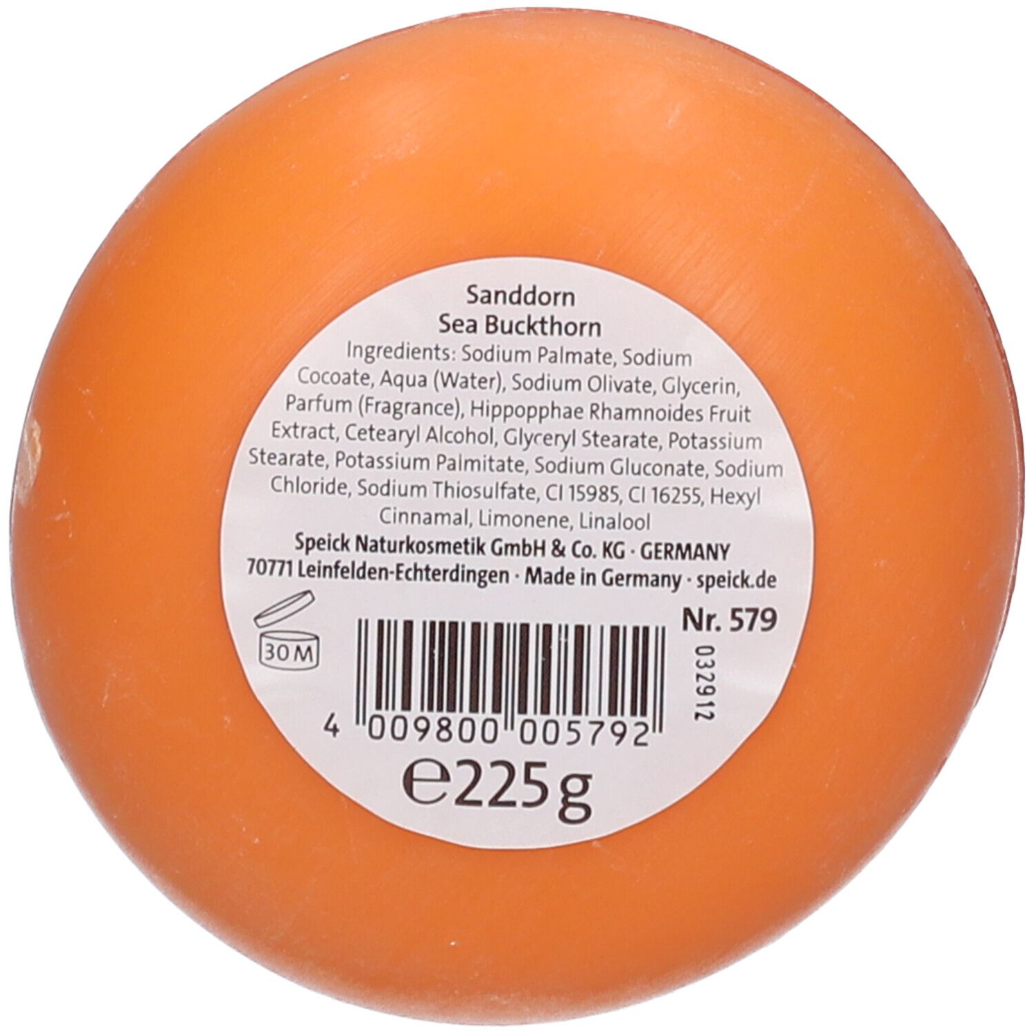 Savon rond orange. Dos avec étiquette, ingrédients et code-barres.