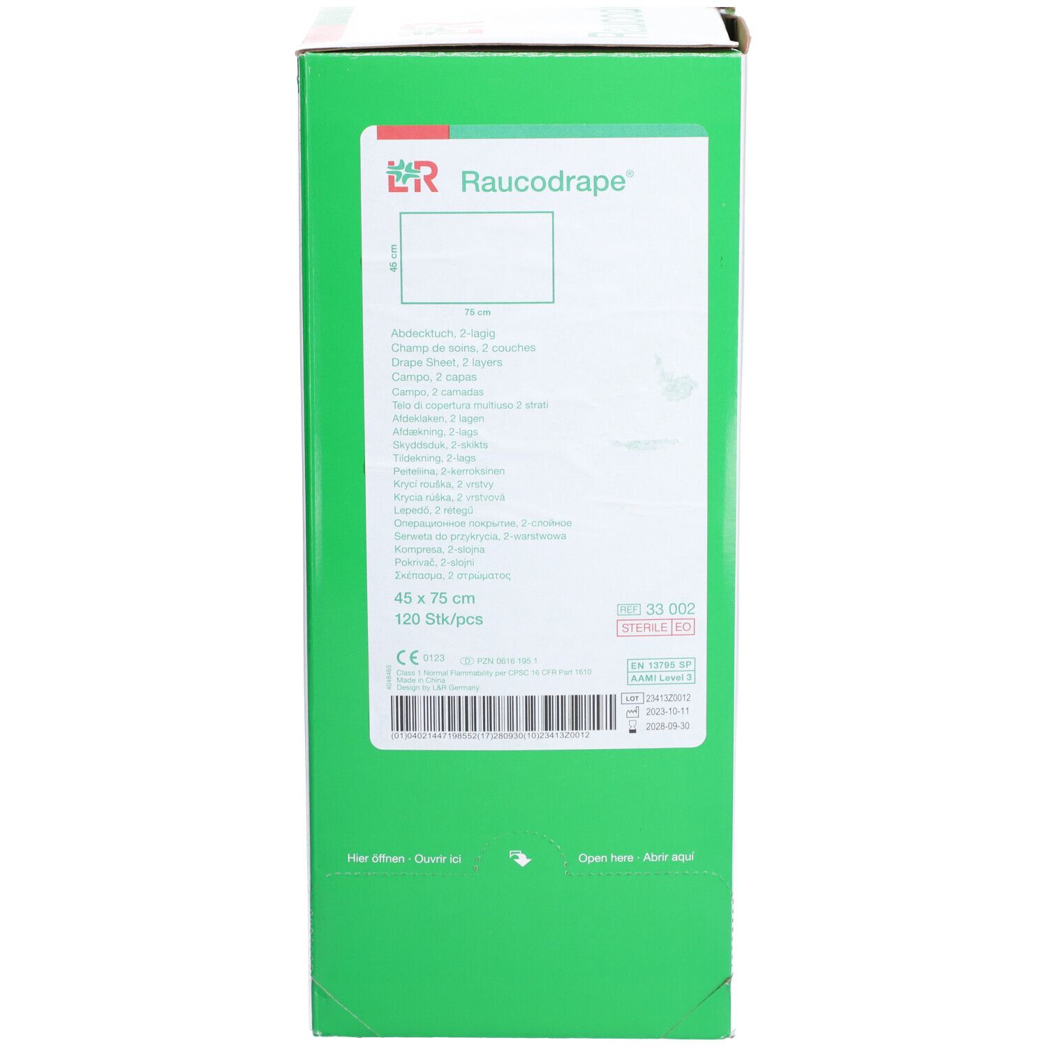 Emballage vert avec informations produit. Marque "Raucodrape". Dimensions : 45 x 75 cm, 120 pièces/paquet. Marquage CE.