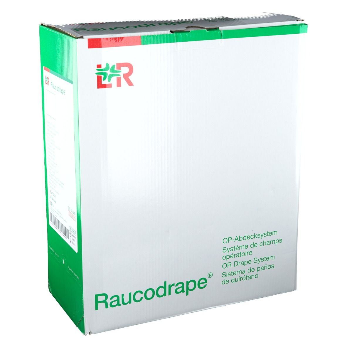 Emballage en carton Raucodrape® pour système de champ opératoire. Blanc avec accents verts et rouges. Logo et nom du produit visibles.