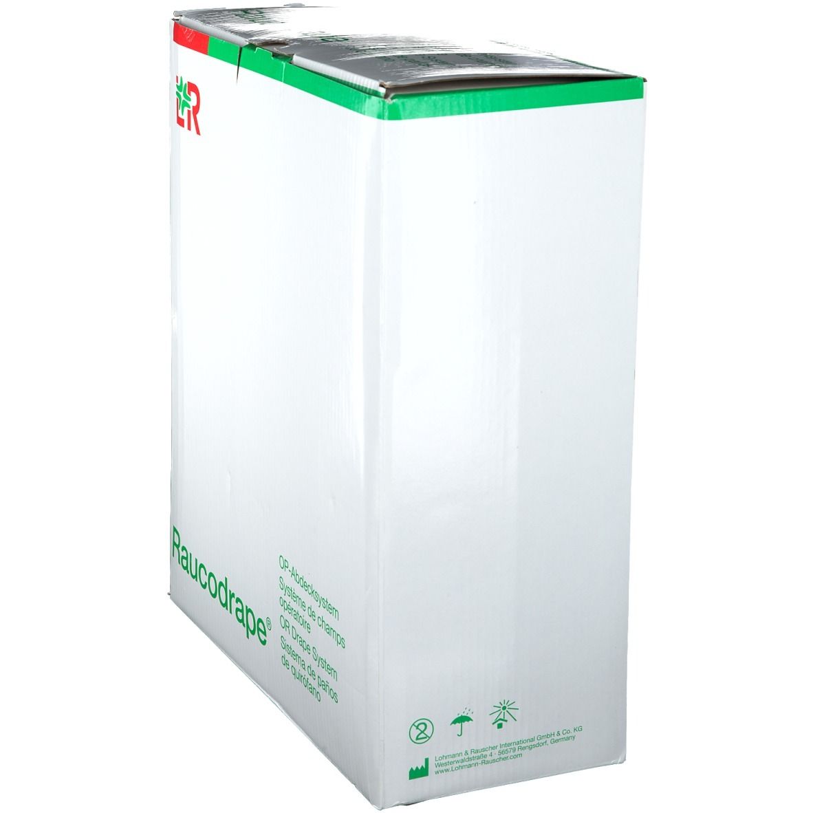 Emballage en carton Raucodrape® pour système de champ opératoire. Blanc avec accents verts. Logo et nom du produit visibles. Vue en angle.