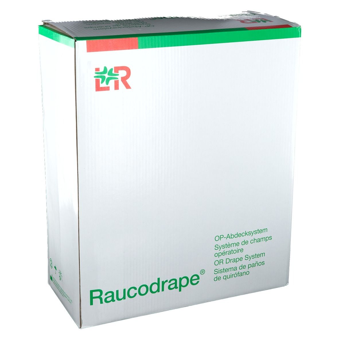 Emballage en carton Raucodrape® pour système de champ opératoire. Blanc avec accents verts et rouges. Logo et nom du produit visibles.