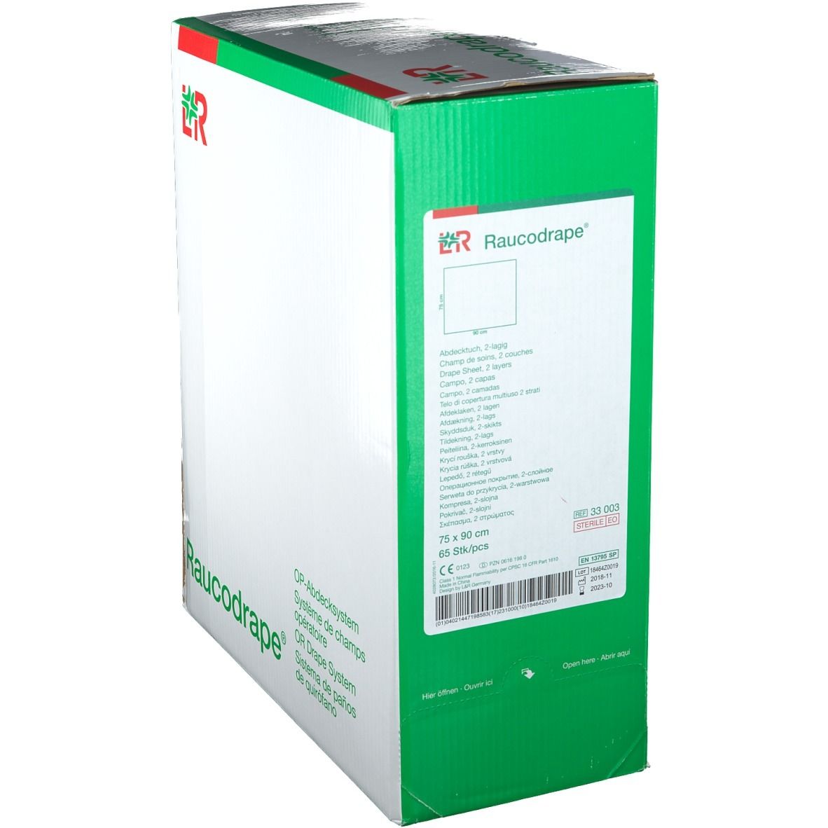 Emballage en carton Raucodrape® avec informations produit et taille 75 x 90 cm. Marquage CE.