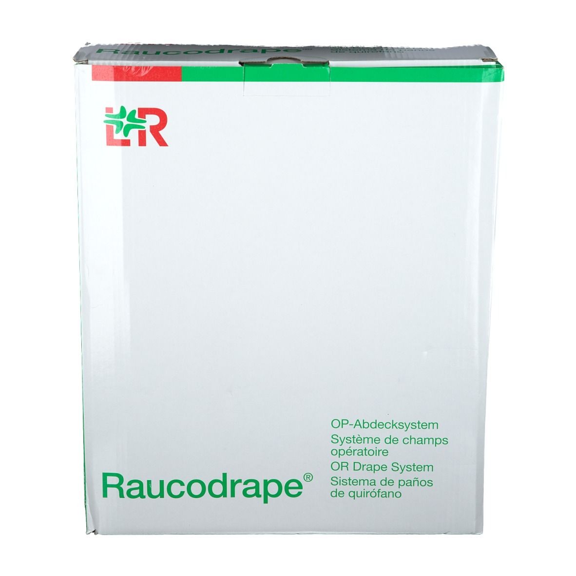 Emballage en carton Raucodrape® pour système de champ opératoire. Blanc avec accents verts. Logo et nom du produit visibles.