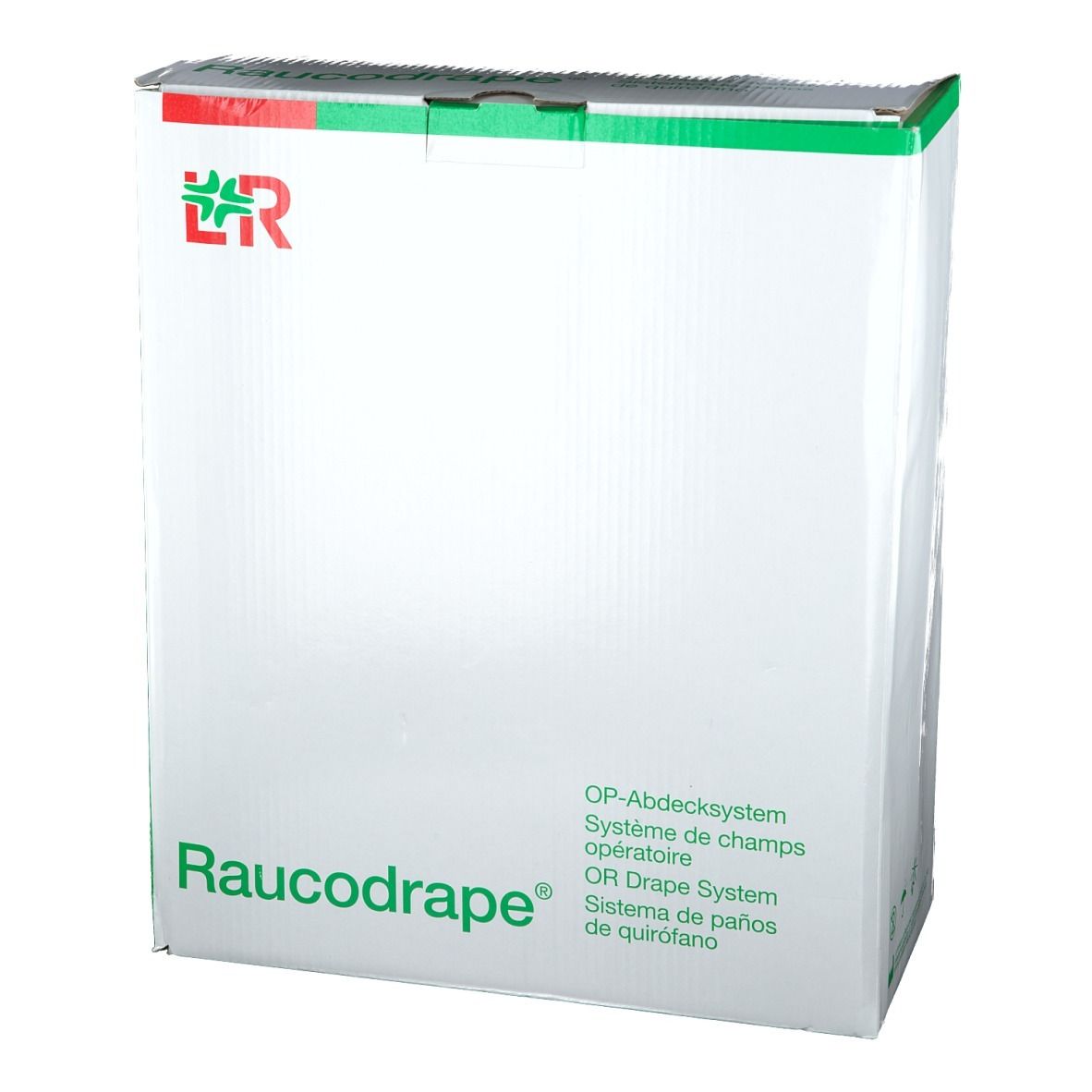 Emballage en carton Raucodrape® pour système de champ opératoire. Blanc avec accents verts et rouges. Logo et nom du produit visibles.