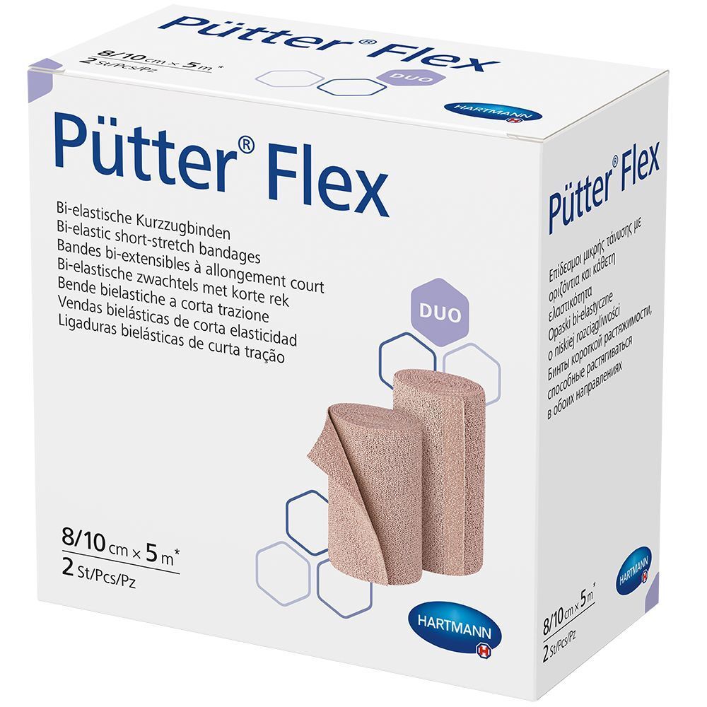 Boîte de deux rouleaux de bandages PütterFlex. Taille 8/10 cm x 5 m. Pack Duo. Logo Hartmann.