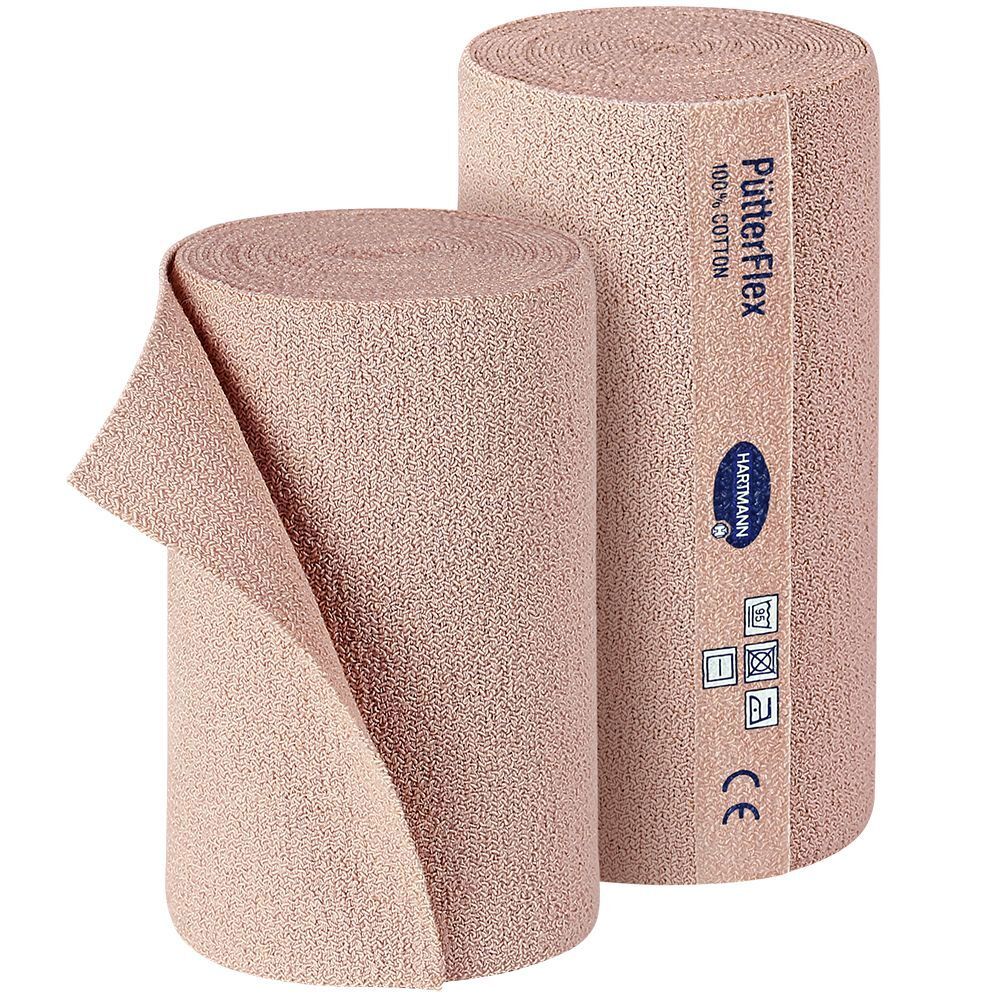 Deux bandages PütterFlex roulés. Beige. 'PütterFlex 100% Cotton' et logo Hartmann. Marque CE.