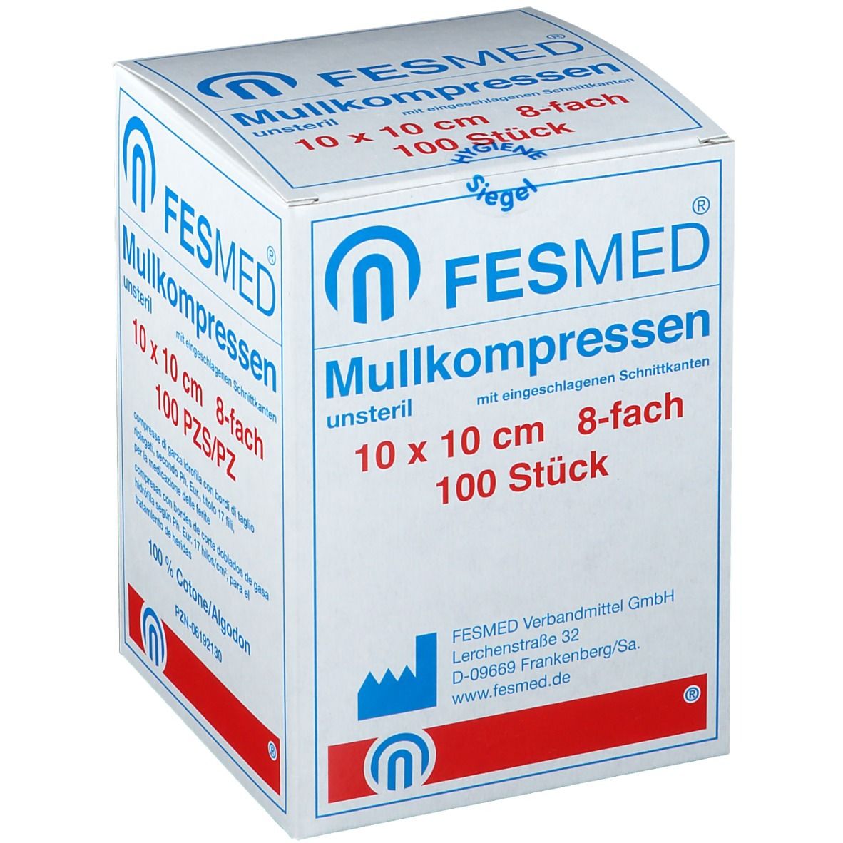 Compresses de gaze FESMED, 10x10 cm, 8 plis, non stériles. Boîte de 100. Inscription : 100% coton, PZN-06192130.