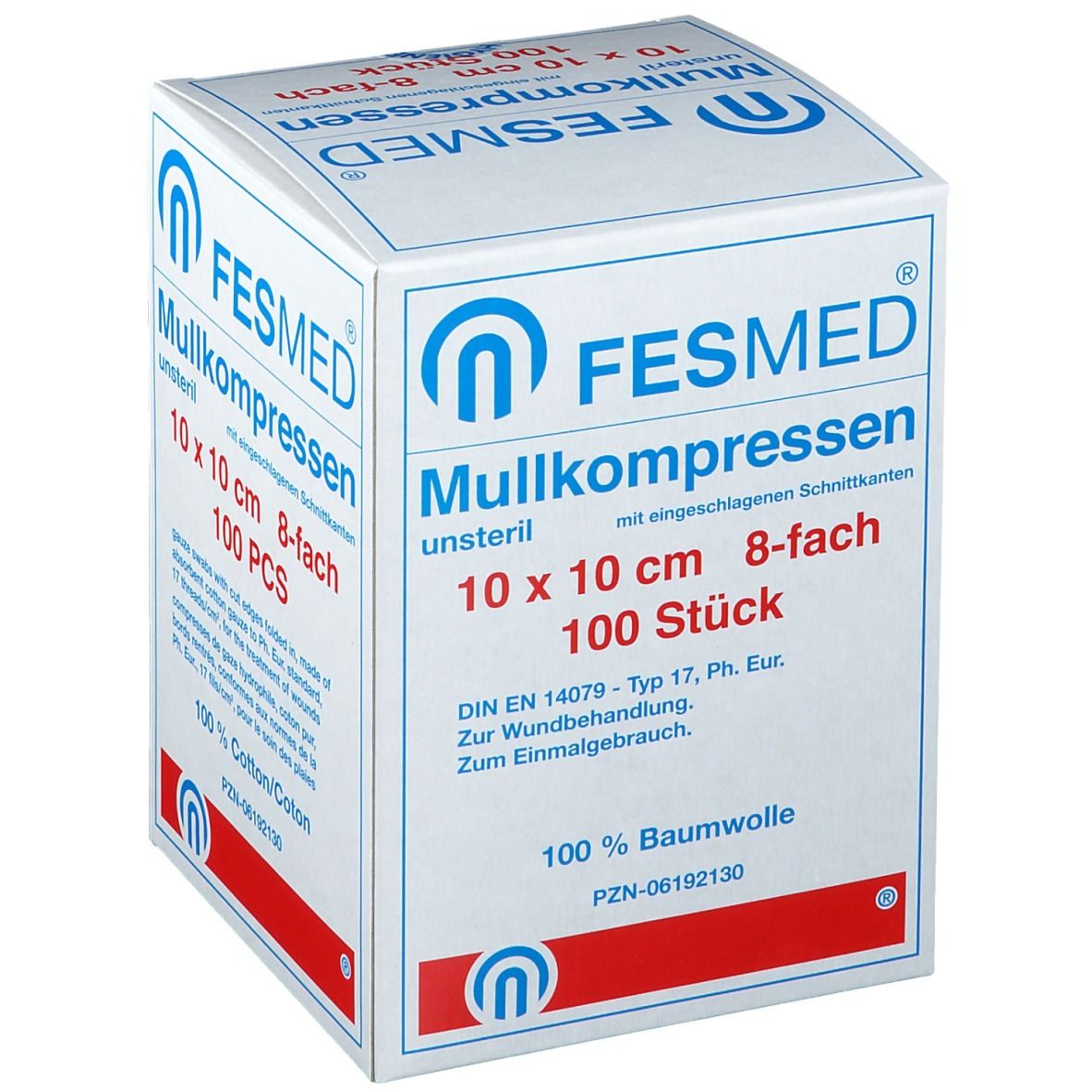 Compresses de gaze FESMED, 10x10 cm, 8 plis, non stériles. Boîte de 100. DIN EN 14079. Texte : 100% coton, PZN-06192130.