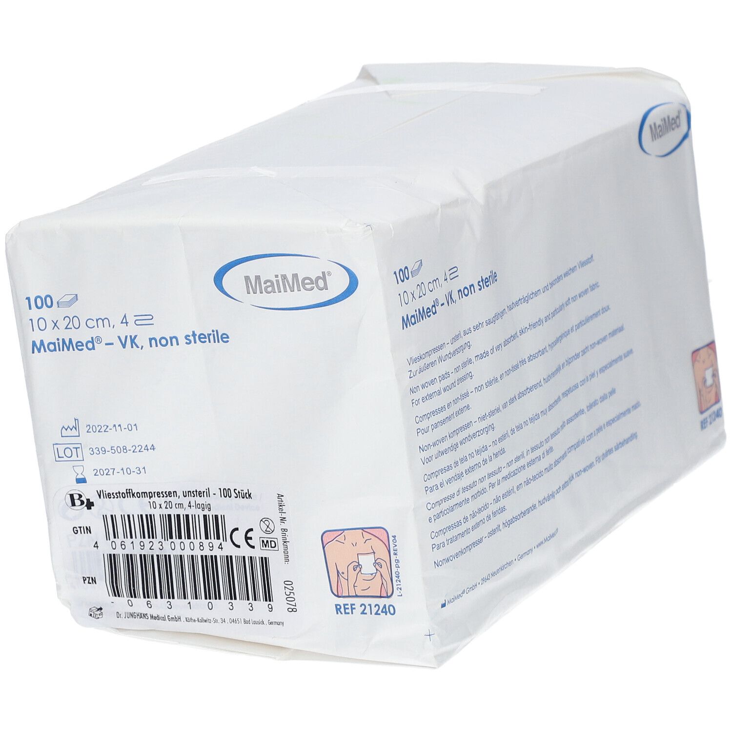 Paquet blanc MaiMed. Contient 100 compresses 10x20 cm, 4 plis. Informations produit et marquage CE imprimés.