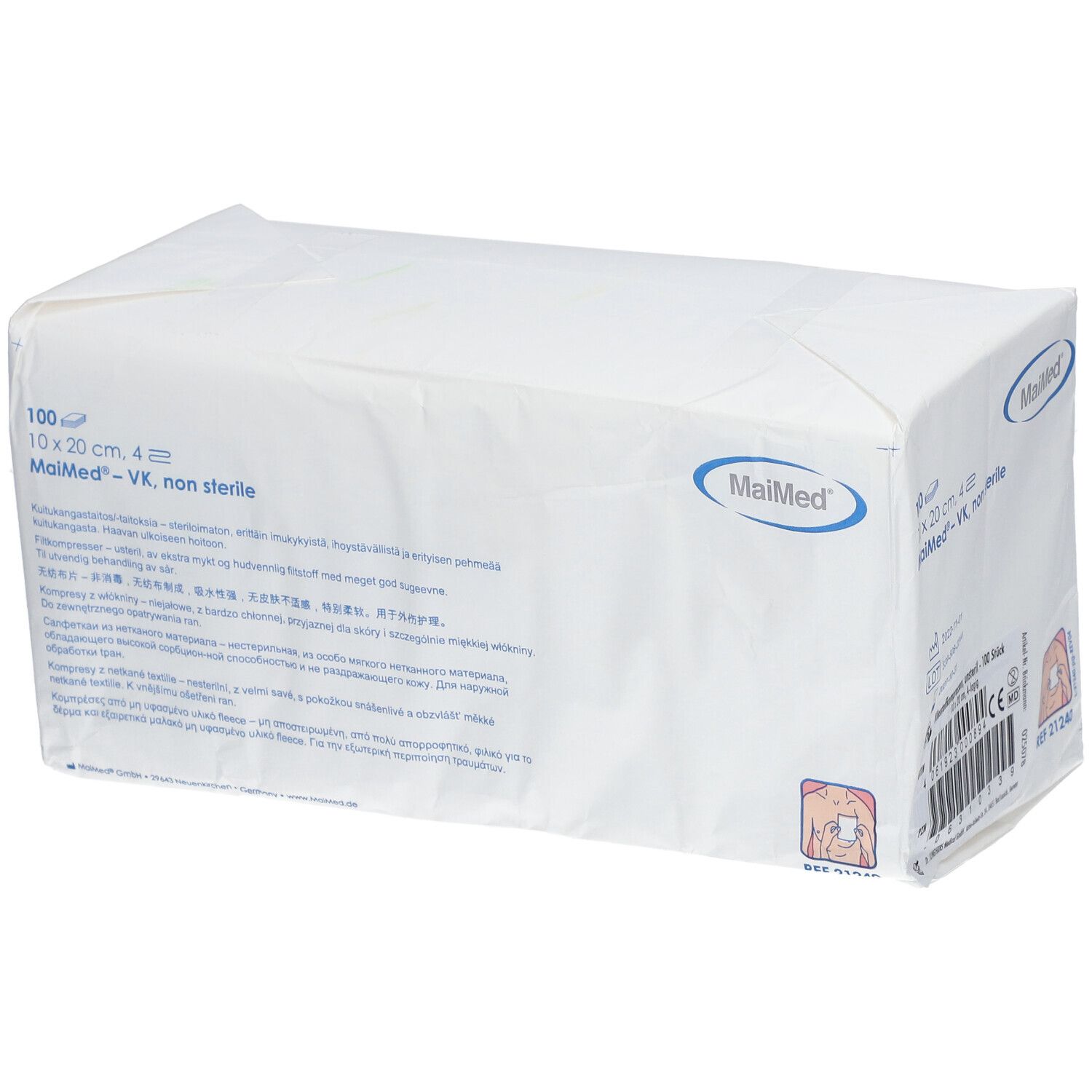 Paquet rectangulaire blanc MaiMed. Contient 100 compresses 10x20 cm, 4 plis. Texte sur l'emballage.