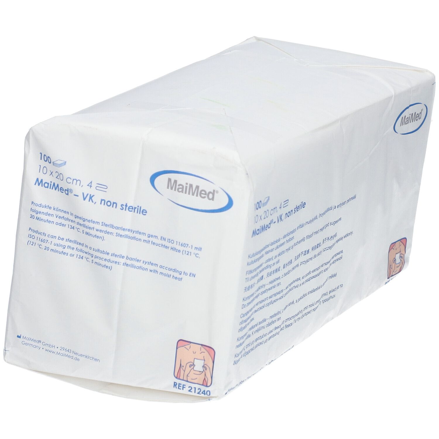 Paquet rectangulaire blanc MaiMed. Contient 100 compresses 10x20 cm, 4 plis. Texte sur l'emballage.
